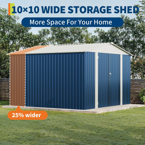 Garvee 10' x 10' Blue Metal Outdoor Storage Shed, 540 Cu.Ft. Galvanized Steel Garden Tool Shed with Lockable Door, Peak Roof & Air Vents