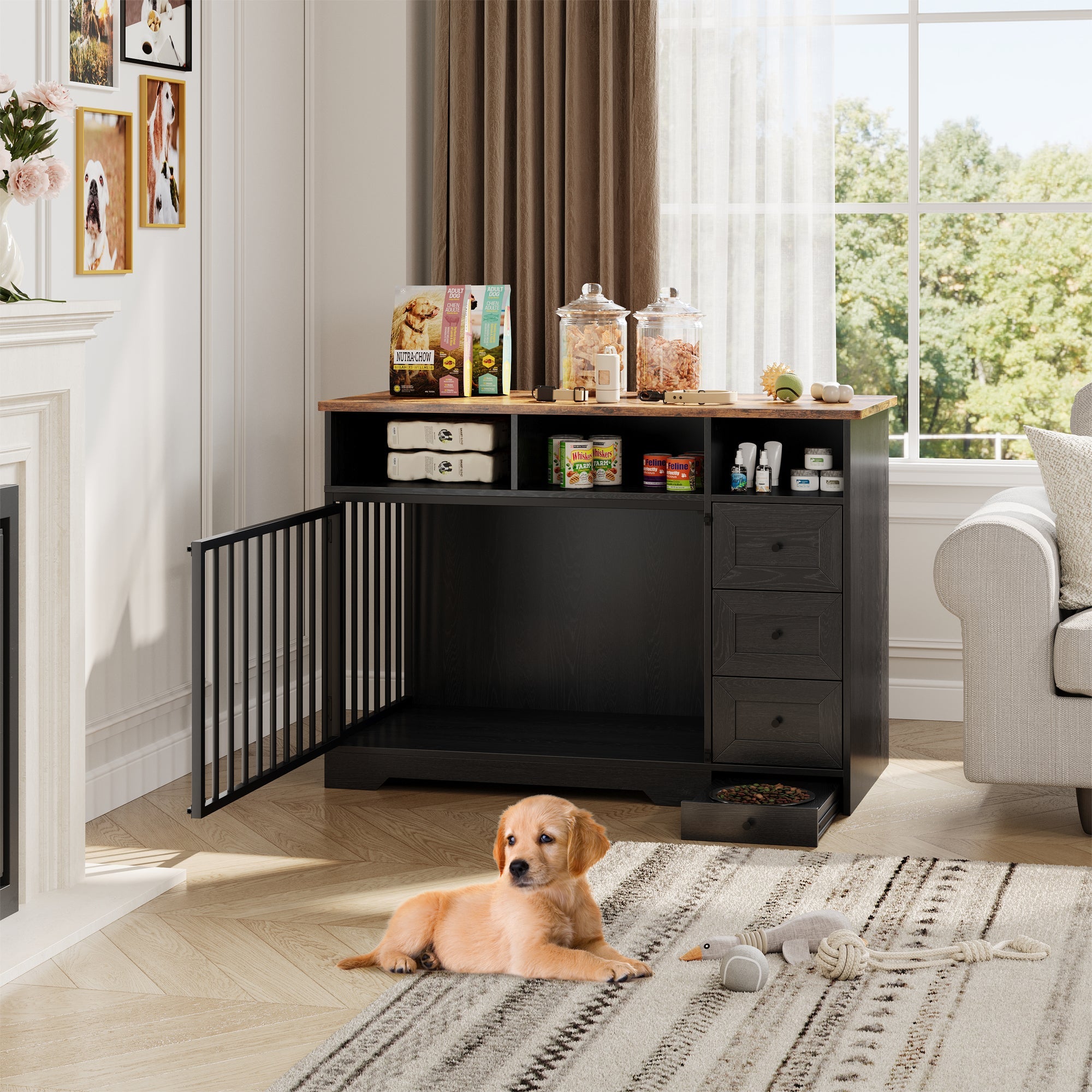 Garvee 48" Dog Crate Furniture with Bowls, Heavy Duty Dog Kennel End Table with 3 Storage Drawers, Locking Door, Farmhouse Style Pet Crate Cabinet for Medium Small Dogs, Black