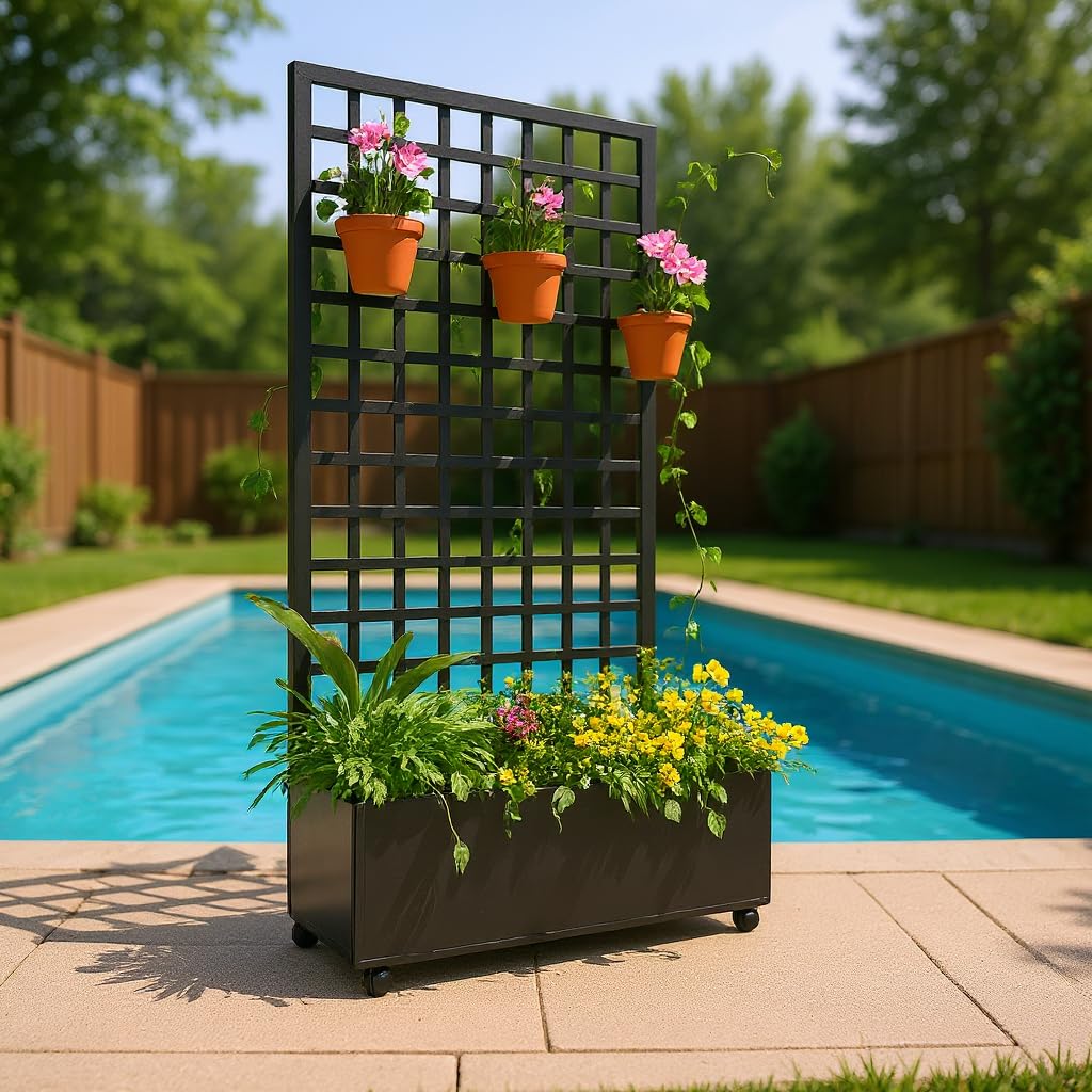 Garvee Galvanized Metal Raised Garden Bed with Square Lattice Trellis and Wheels – 72"x35" Outdoor Planter Box for Climbing Plants, Vines, Vegetables – Privacy Screen, Black Finish – Size: Small