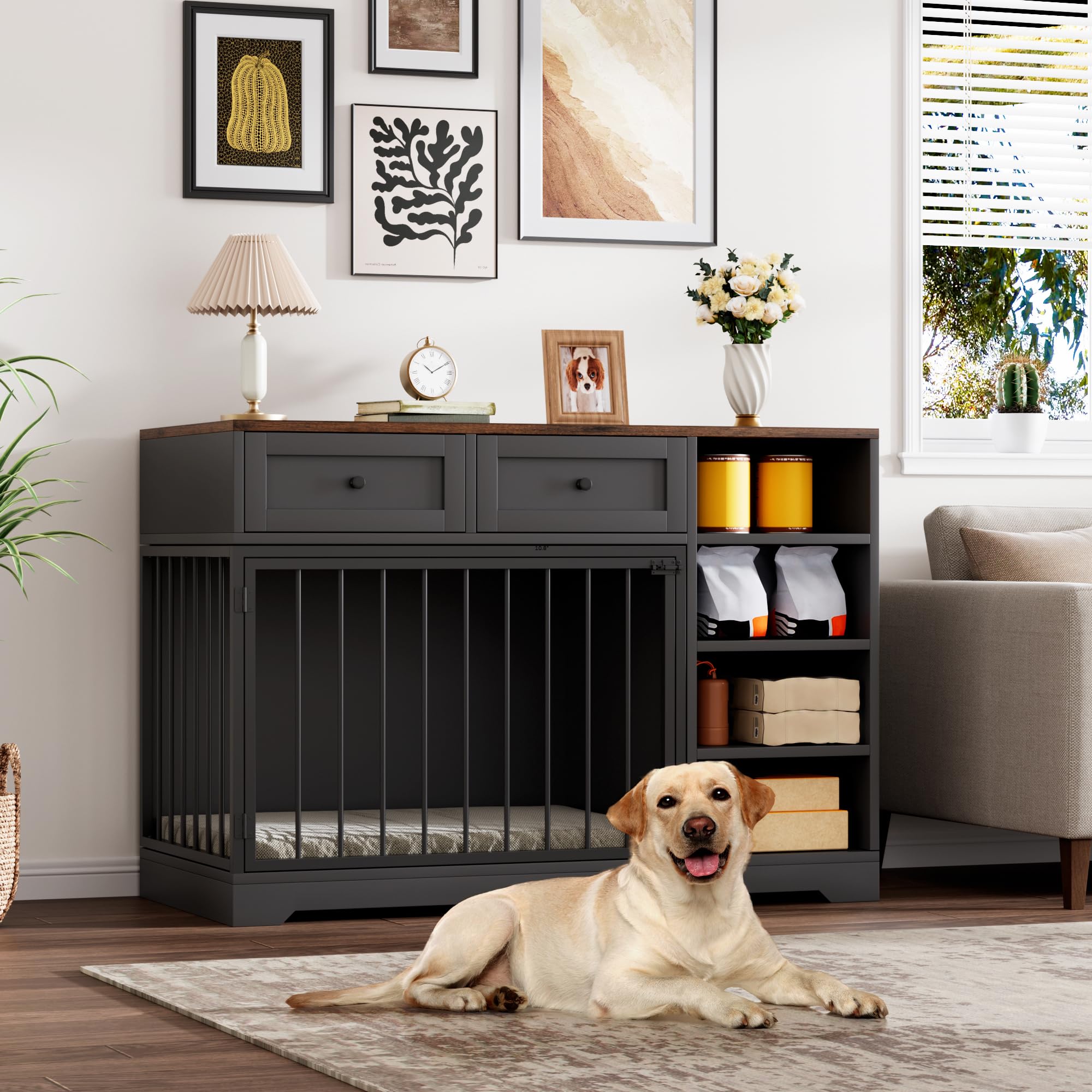 Garvee 47" Dog Crate Furniture Indoor with 2 Drawers & 4 Shelves, Large Dogs Kennel Furniture TV Stand, Wooden Dog Cage for Large Medium Dogs, Black