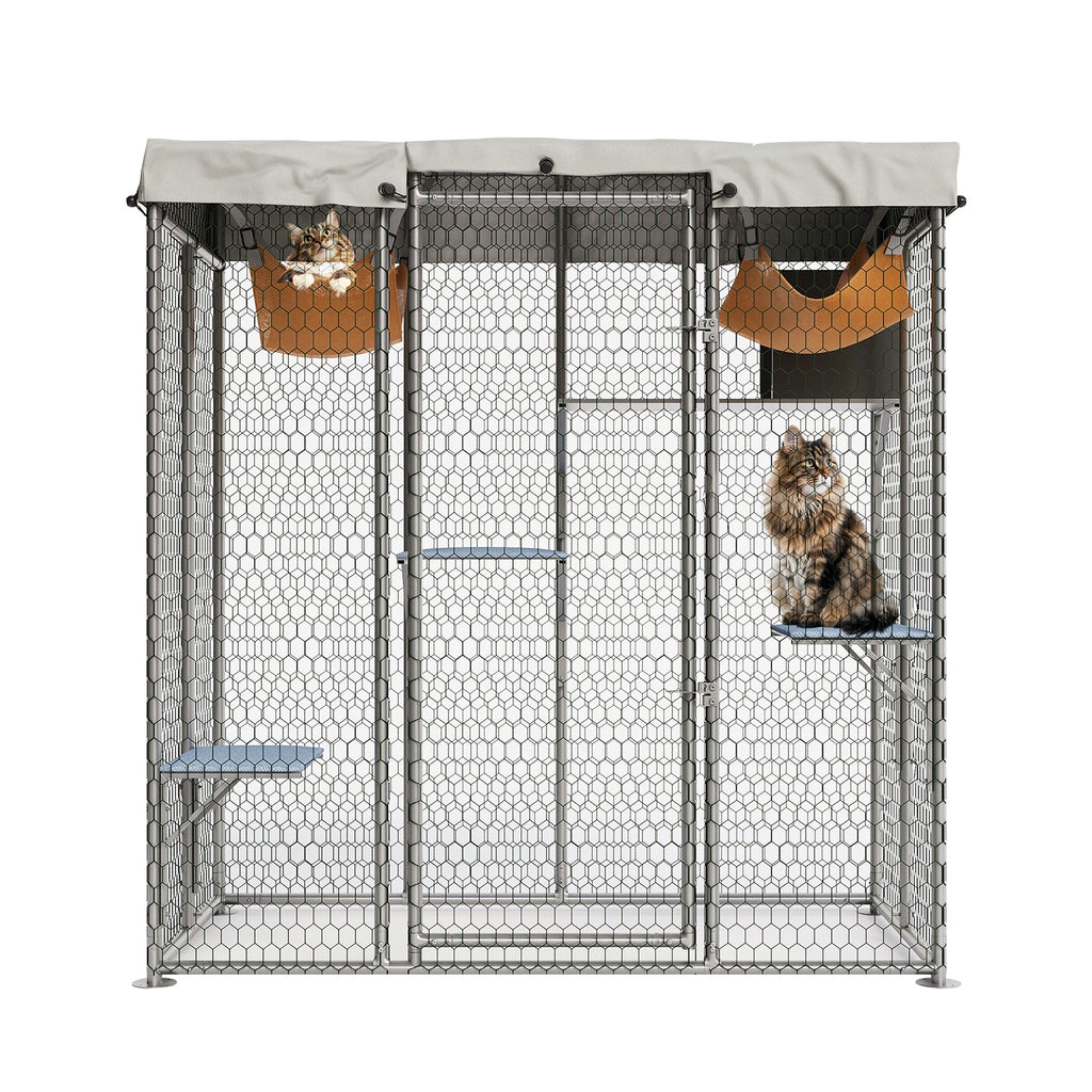 Garvee Large Outdoor Cat House Catio, Walk-In Metal Enclosure with 4 Platforms, Hammock, Weatherproof Canopy, Resting Condo, Spacious Shelter for Multiple Cats, Patio/Yard Use – Size JYCC-X200