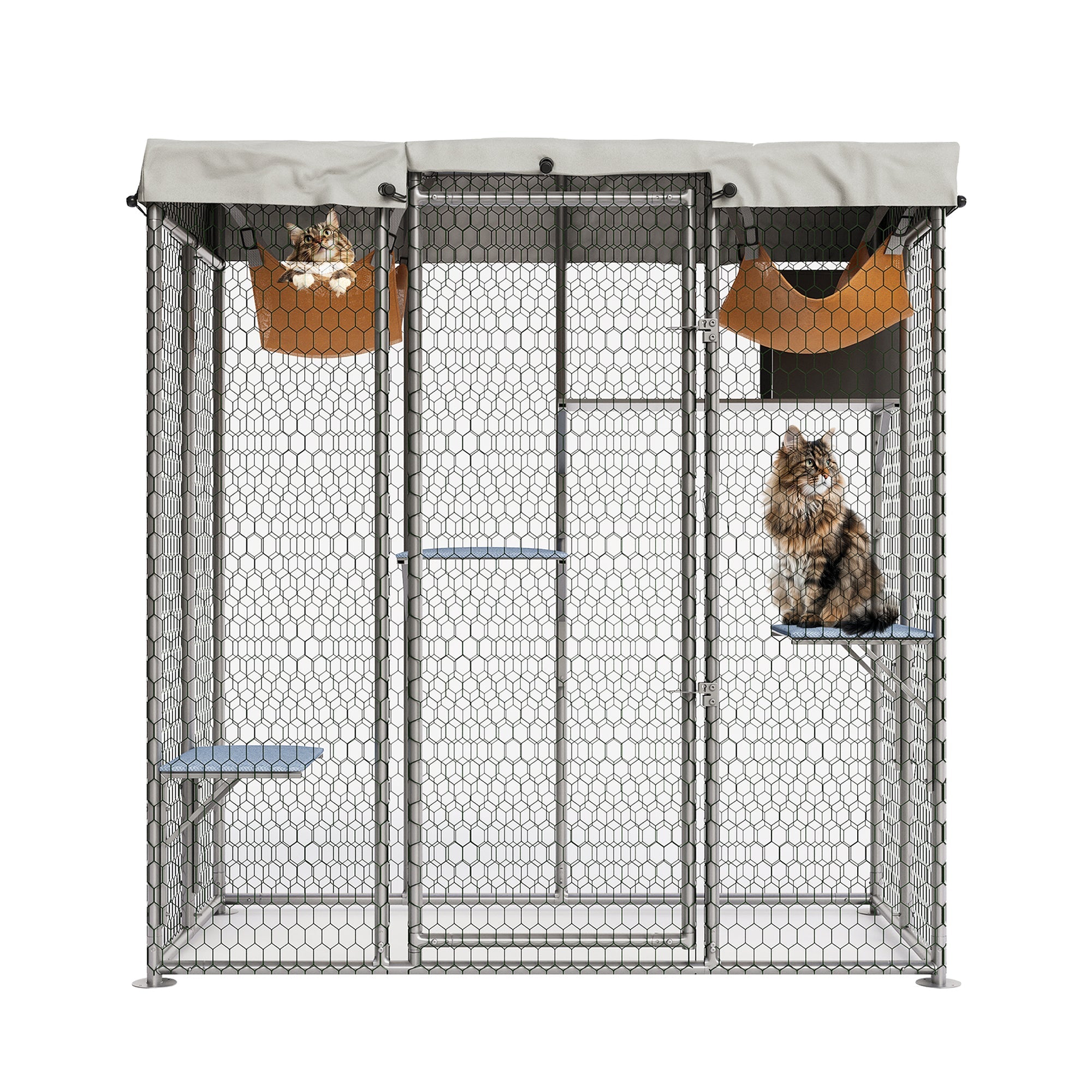 Garvee Large Outdoor Cat House Catio, Walk-In Metal Enclosure with 4 Platforms, Hammock, Weatherproof Canopy, Resting Condo, Spacious Shelter for Multiple Cats, Patio/Yard Use – Size JYCC-X200