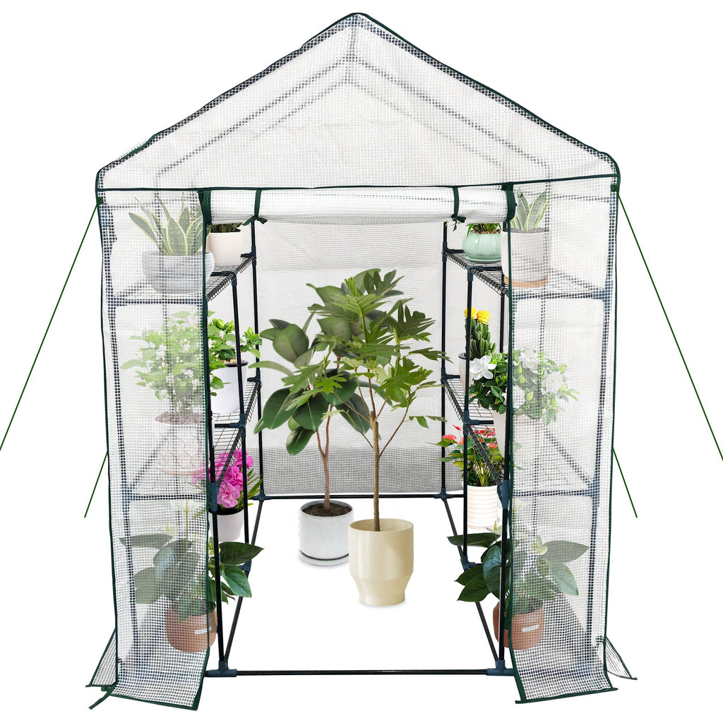 Garvee Spacious Walk-In Greenhouse for Outdoor Gardening – 6 Shelves, Sturdy Steel Frame, Roll-Up Zippered Door, Anchors & Ropes, Portable Plant House – Ideal for Patio, Backyard, Garden – White, 143×143×195cm