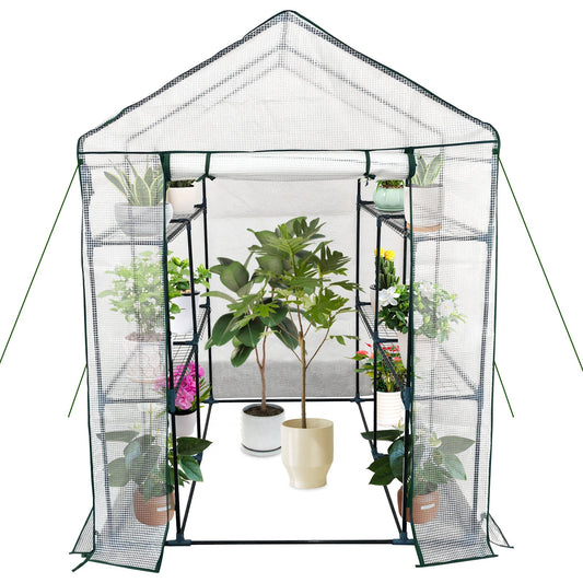 Garvee Spacious Walk-In Greenhouse for Outdoor Gardening – 6 Shelves, Sturdy Steel Frame, Roll-Up Zippered Door, Anchors & Ropes, Portable Plant House – Ideal for Patio, Backyard, Garden – White, 143×143×195cm