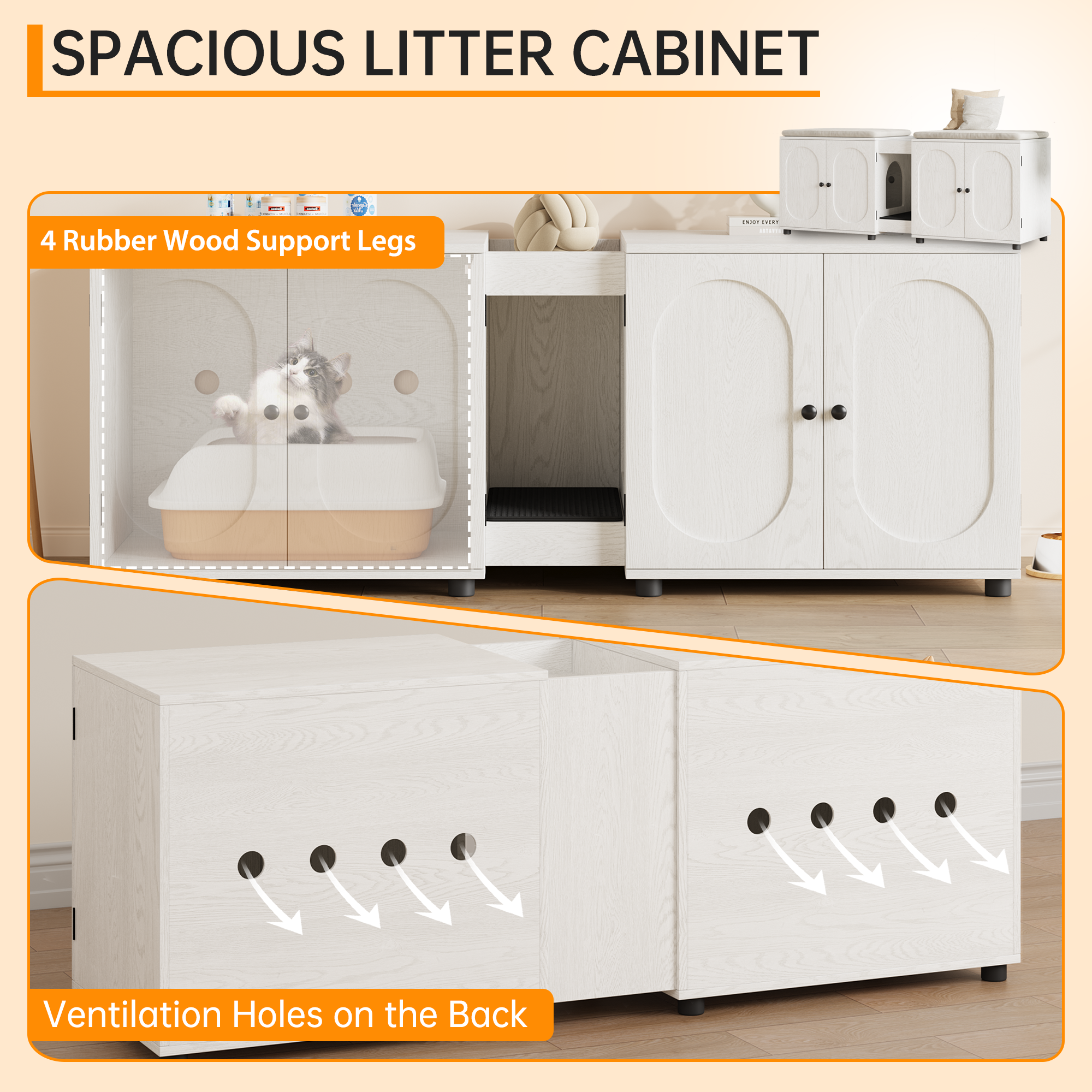Garvee Cat Litter Box Enclosure, 55.1" Double Litter Box Furniture Large Cat Box Enclosure Kitty Litter Box for 2 Cats Hidden Cat Litter Cabinet Double Cage with Cat Litter Pad, White | Oval