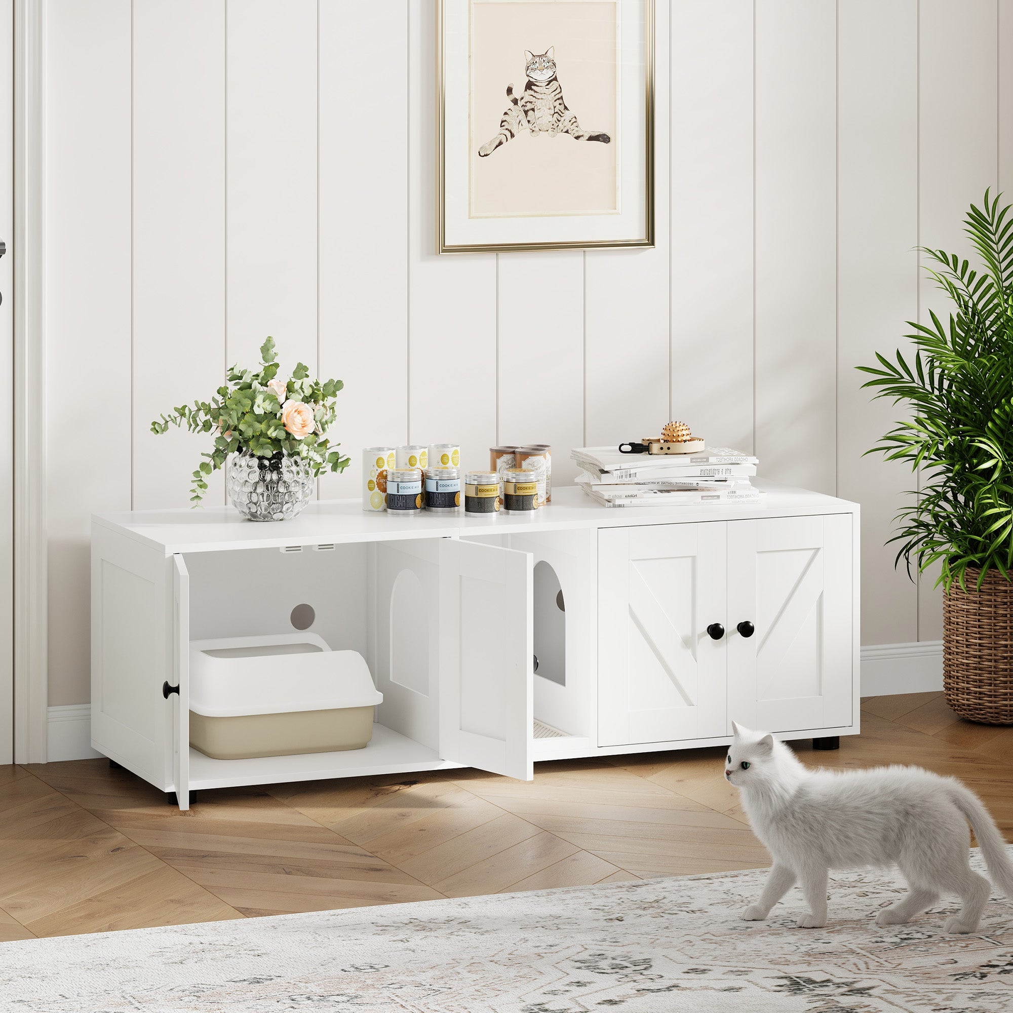 Garvee Cat Litter Box Enclosure for 2 Cats, Hidden Litter Box Furniture Cabinet with Double Room, Double Cat Litter Box Enclosure, Indoor Cat House, 43.4 x 18.1 x 17.7 Inches