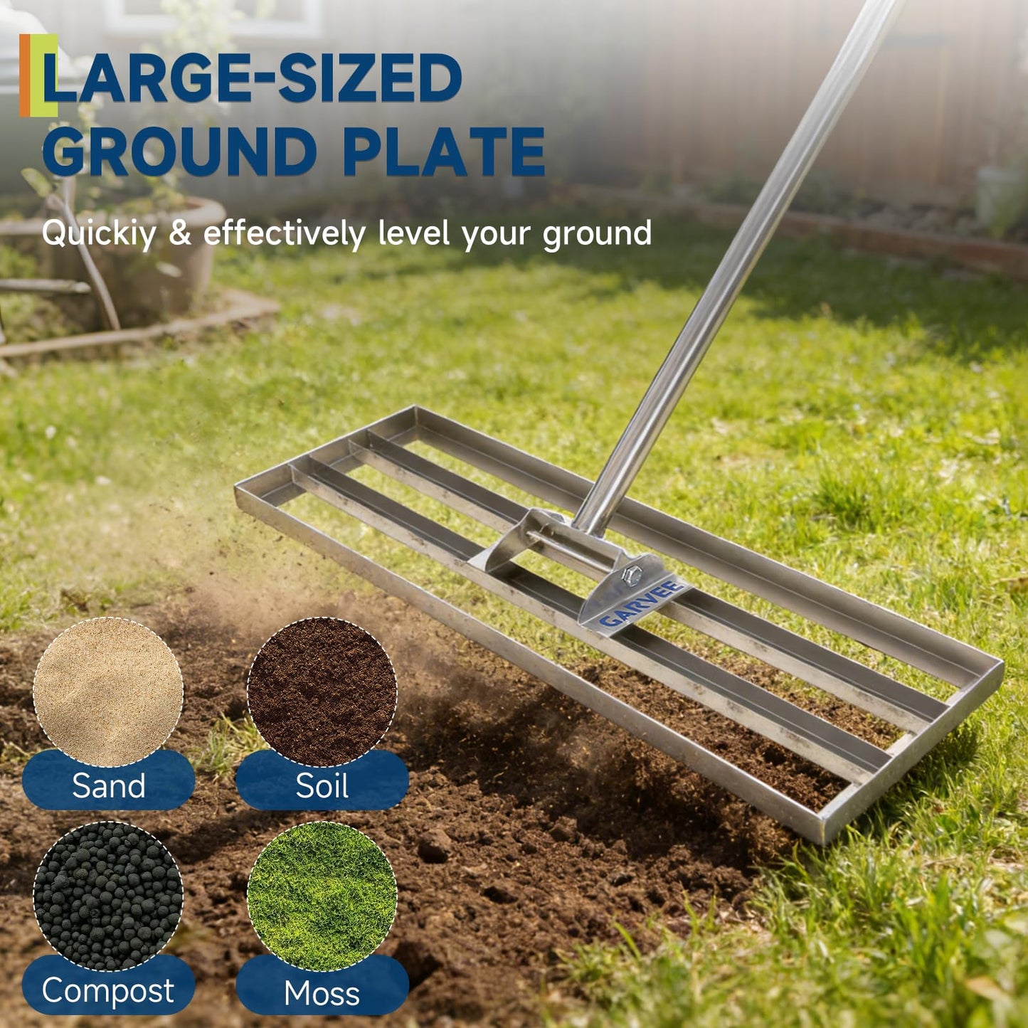 Garvee Professional Heavy Duty Stainless Steel Lawn Leveling Rake – 30x10 Inch, 6.5FT Extended Handle, Yard Leveler and Soil Spreader – With Gloves | Size 30*10 | Handle 6.5FT | Stainless steel | With gloves