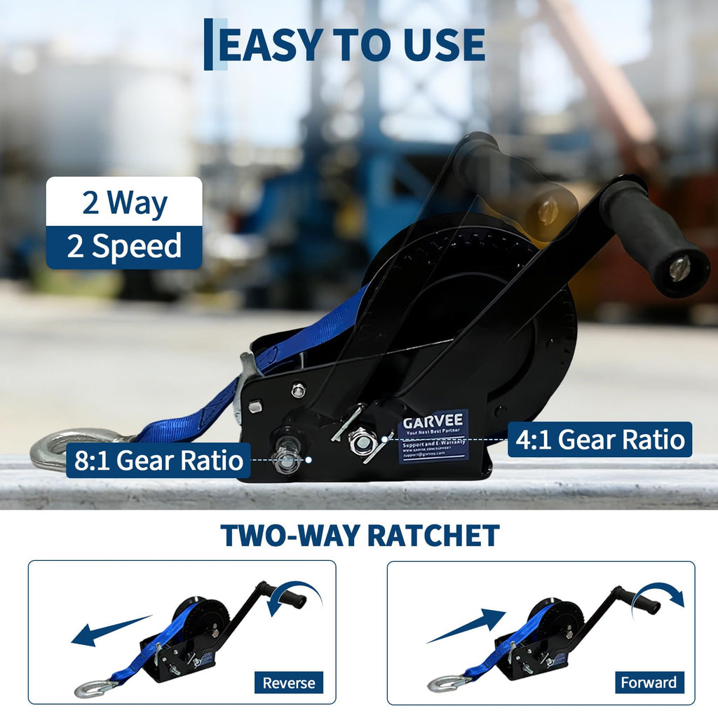 Garvee 3500lbs Heavy Duty Boat Trailer Winch with 33FT Strap, Dual-Speed 4:1/8:1 Gear Ratio & 2-Way Ratchet, Professional Hand Crank Winch for Pulling Boat, Trailer, Truck, RV, ATV, Jet Ski, Blue