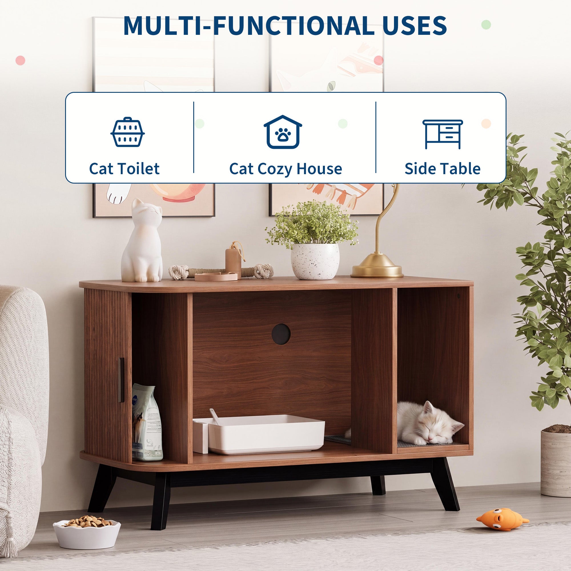 Garvee Modern Hidden Cat Litter Box Furniture – 39" Cat House End Table with Sliding Door, Litter Mat, Multi-Functional Pet Enclosure for Living Room – Walnut