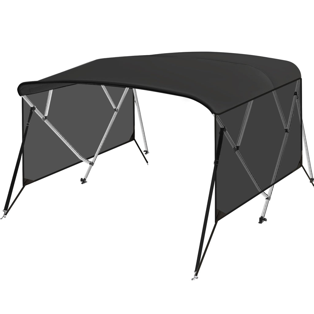 Garvee 4 Bow Bimini Top for Boats with Removable Zippered Translucent Side Curtains - Marine Grade 600D PU-Coated Canvas, Waterproof Sun Shade, 1" Aluminum Alloy Frame, Adjustable Straps, Rear Support Poles - Black - 8'L x 54"H x 73"-78"W (Translucent