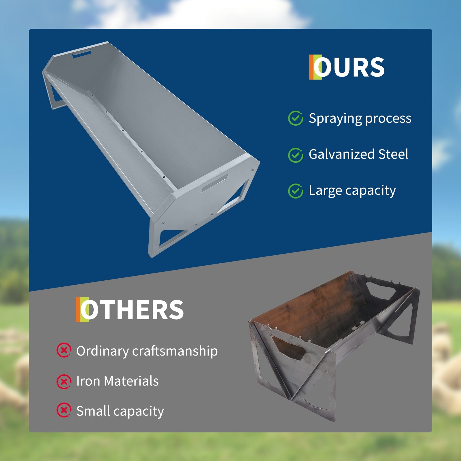 Garvee Livestock Feeder, 45.13" Hay Feeder for 10 Sheep Once, Heavy Duty 22 Gallon Capacity Livestock Feeding Trough for Horse, Goat, Sheep, Cattle, Cow, Alpaca, Silver