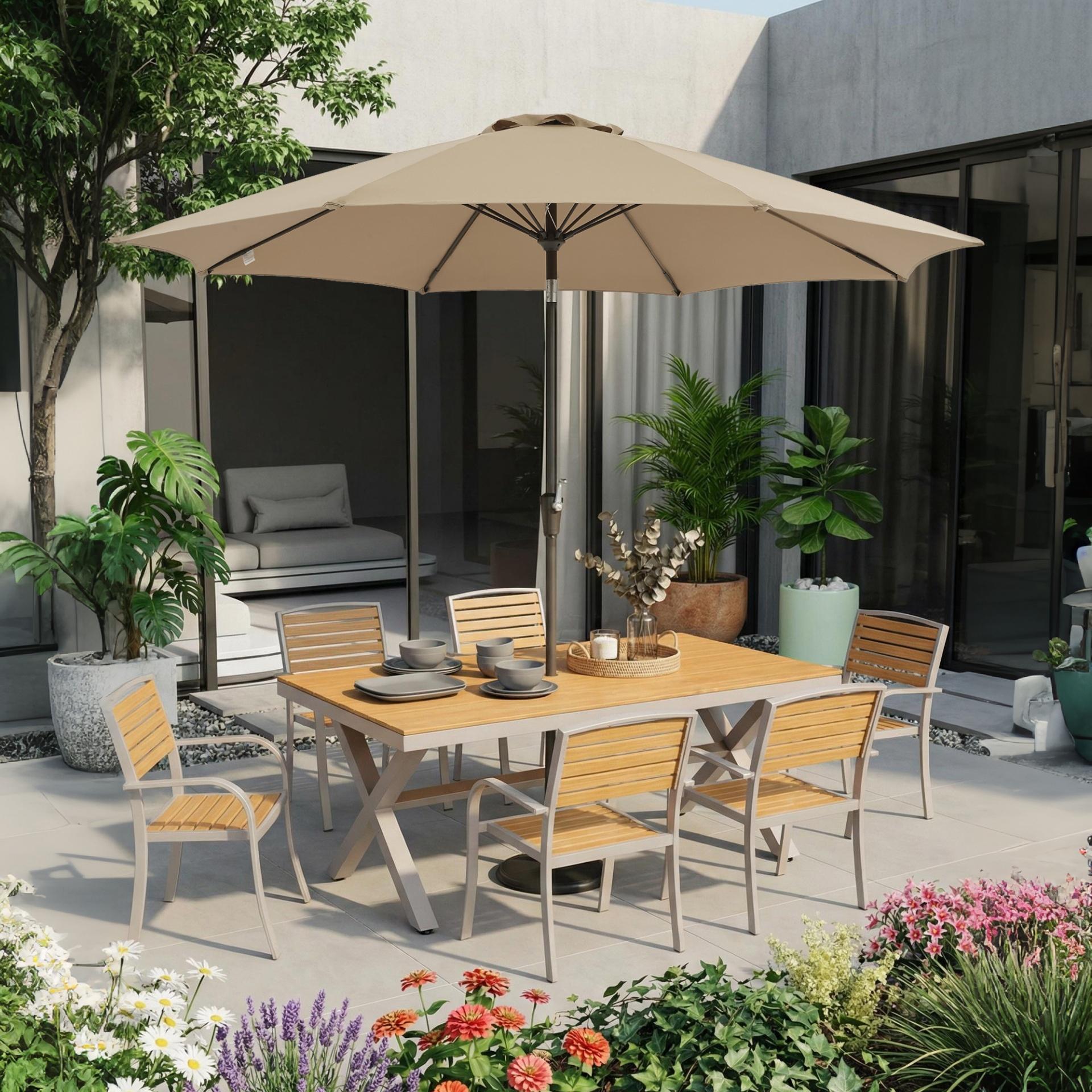Garvee 9 FT Patio Umbrella, 8-Rib Alloy Steel Market Umbrella with Push-Button Tilt & Crank, UV-Resistant Waterproof Round Shade for Garden, Deck & Pool, Brown