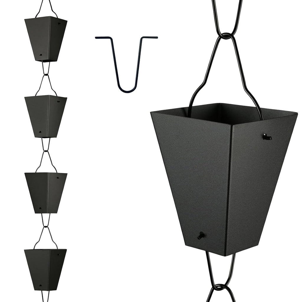 Garvee 10.5 ft Square Cup Rain Chain, Decorative Matte Black Metal Gutter Downspout Replacement with Hanging Hook for Garden, Patio and Home Exterior