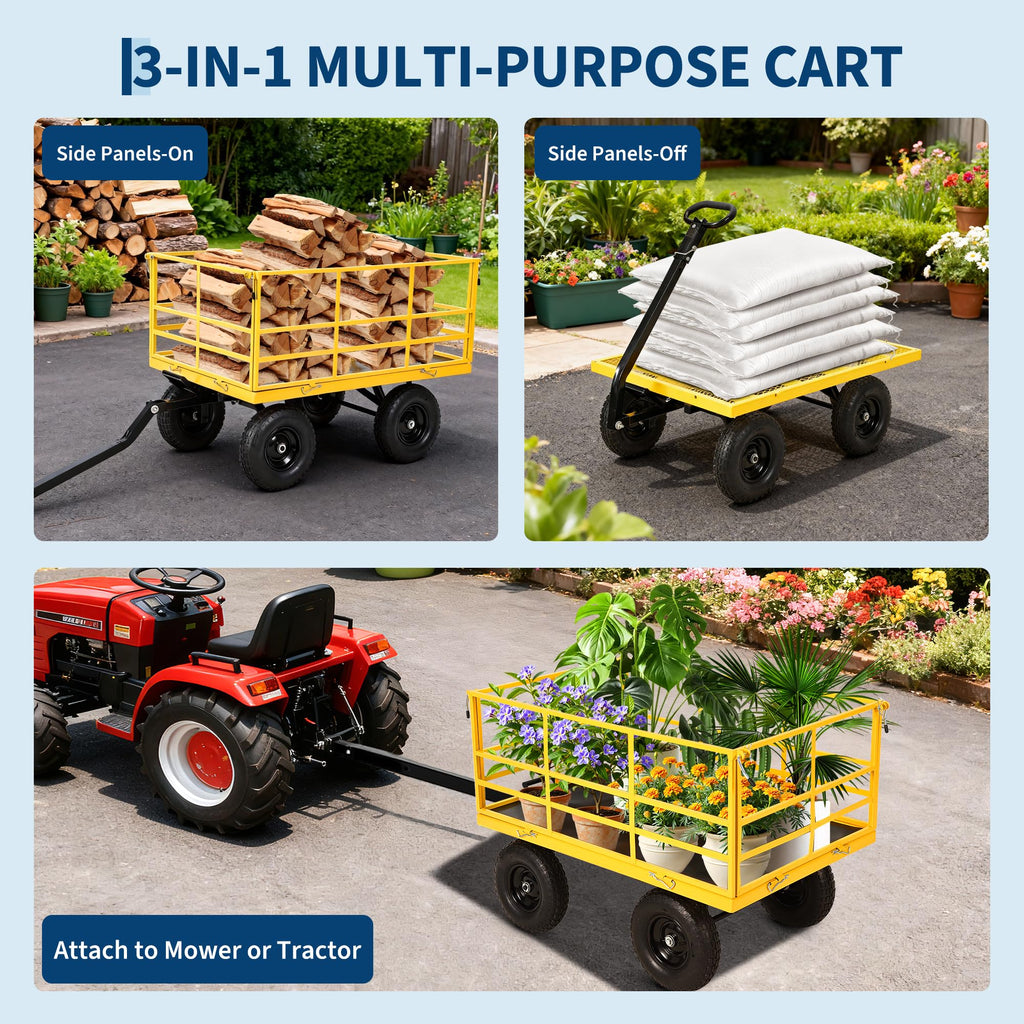 Garvee 1500 LB Garden Dump Cart with 13 in All Terrain Tires, 3-in-1 Yard Wagon Cart with Removable Side Panels, Heavy Duty Outdoor Metal Utility Wagon Yard Trailer for Outdoor Lawn, Yard, Backyard