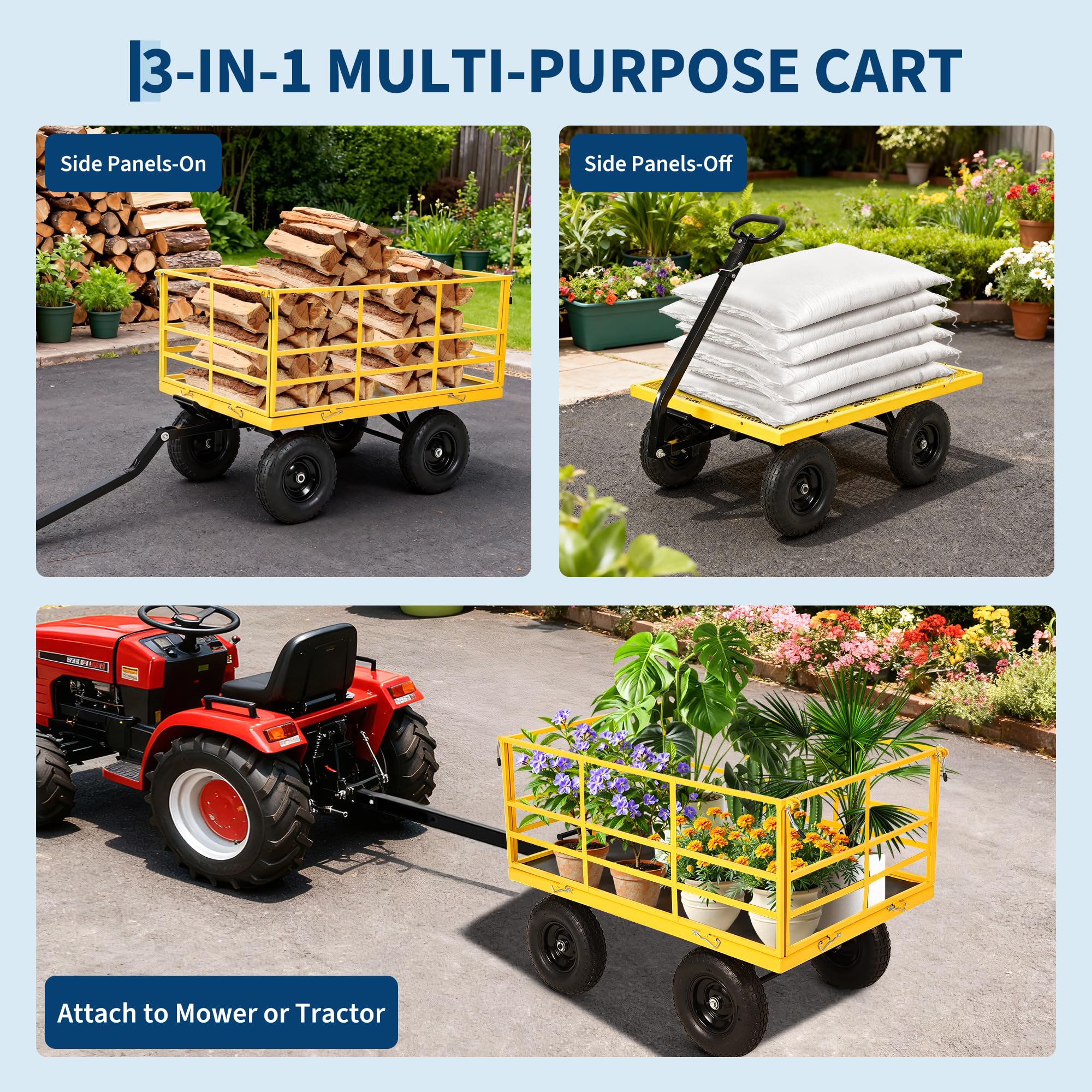Garvee 1500 LB Garden Dump Cart with 13 in All Terrain Tires, 3-in-1 Yard Wagon Cart with Removable Side Panels, Heavy Duty Outdoor Metal Utility Wagon Yard Trailer for Outdoor Lawn, Yard, Backyard