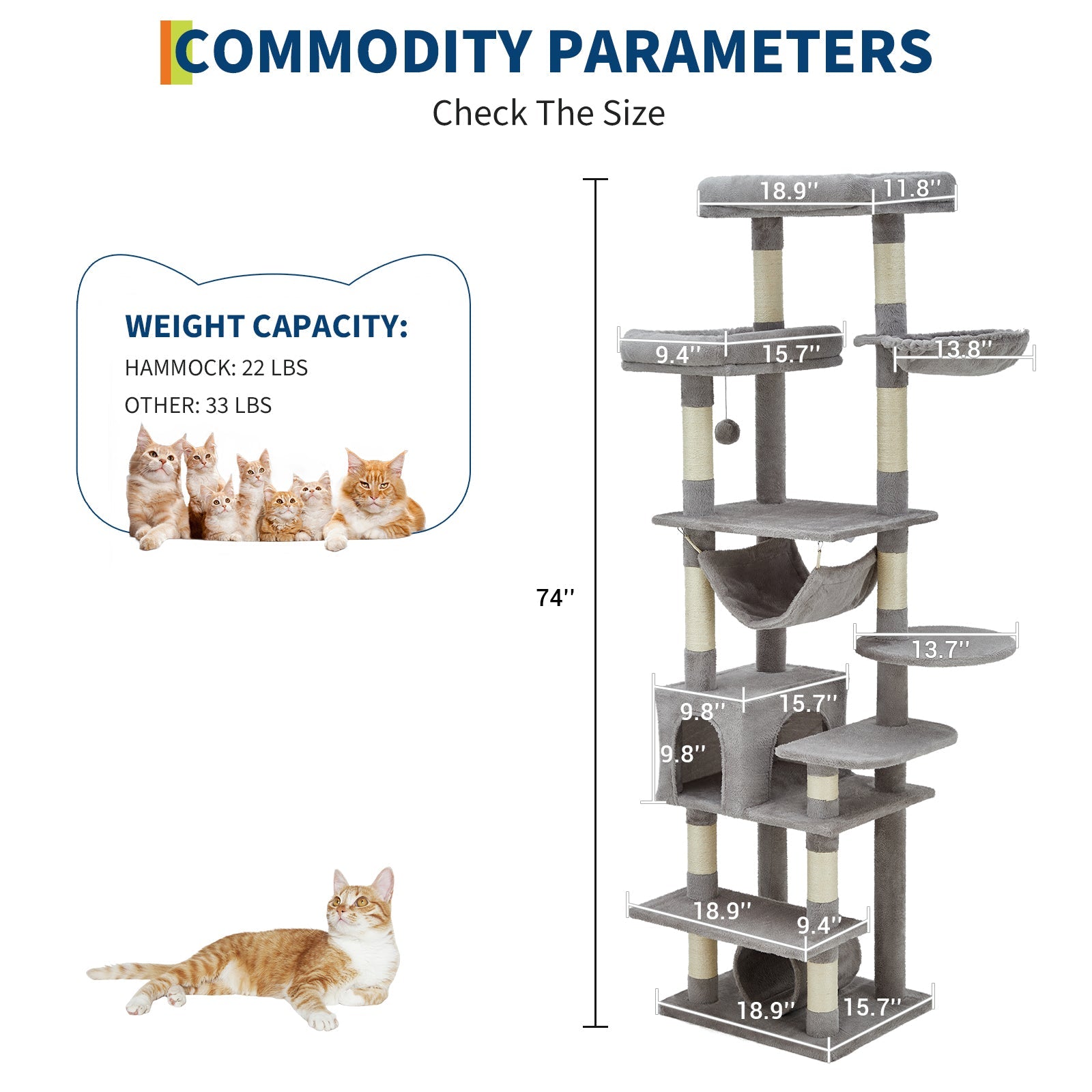Garvee Multi-Level Cat Tree with Condo, 74" Tall Cat Tower with 11 Scratching Posts, Hammock, Tunnel, Large Top Perches & Anti-tip Kit, Indoor Cat Furniture for Large Cats, Light Gray