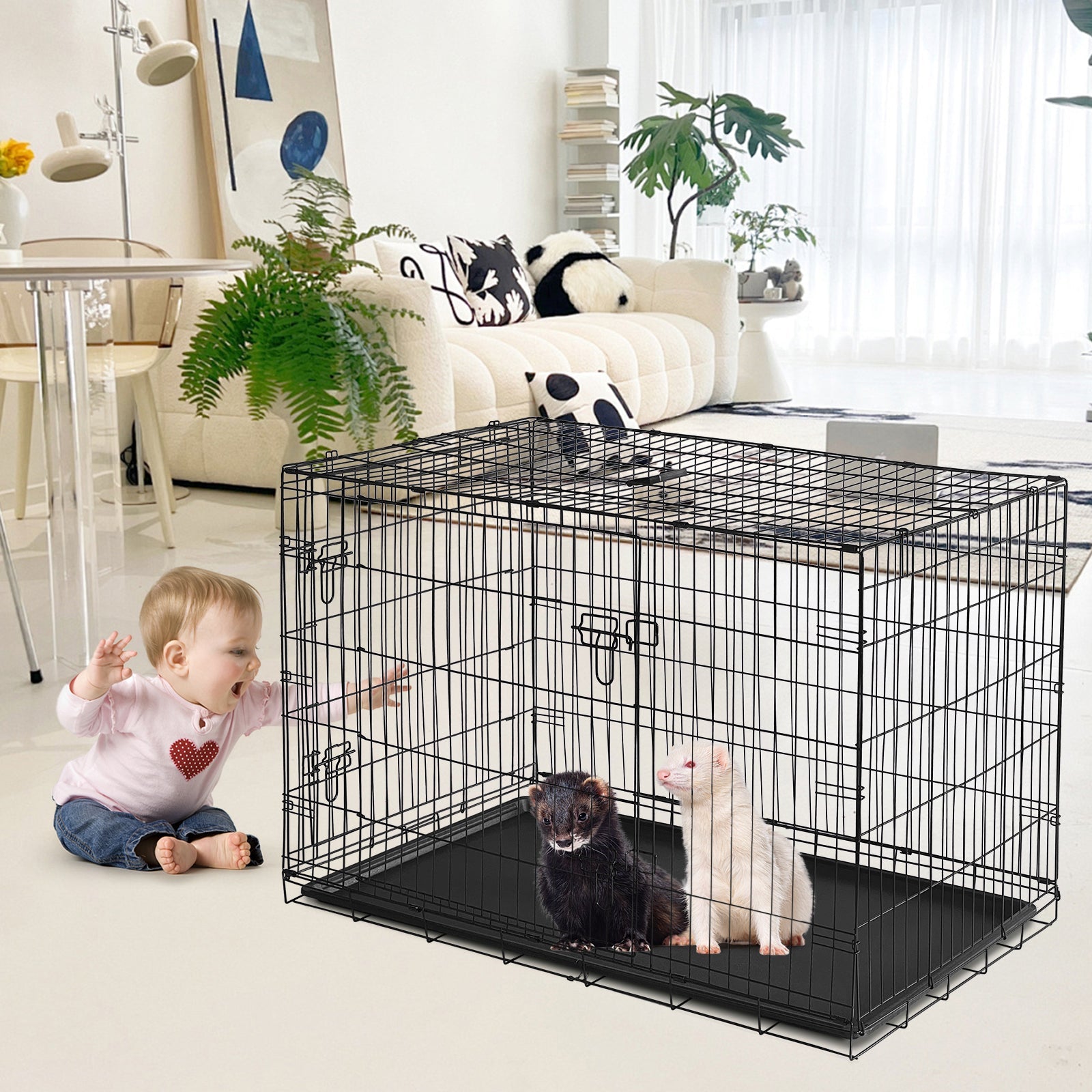 Garvee Collapsible Metal Wire Cage for Small Animals - Thickened Mesh Floor, Leak-Proof Removable Tray, Double Door, Rust-Resistant - For Rabbits, Guinea Pigs, Ferrets, Cats, Chinchillas, Rats - Size: 121×76.5×81cm