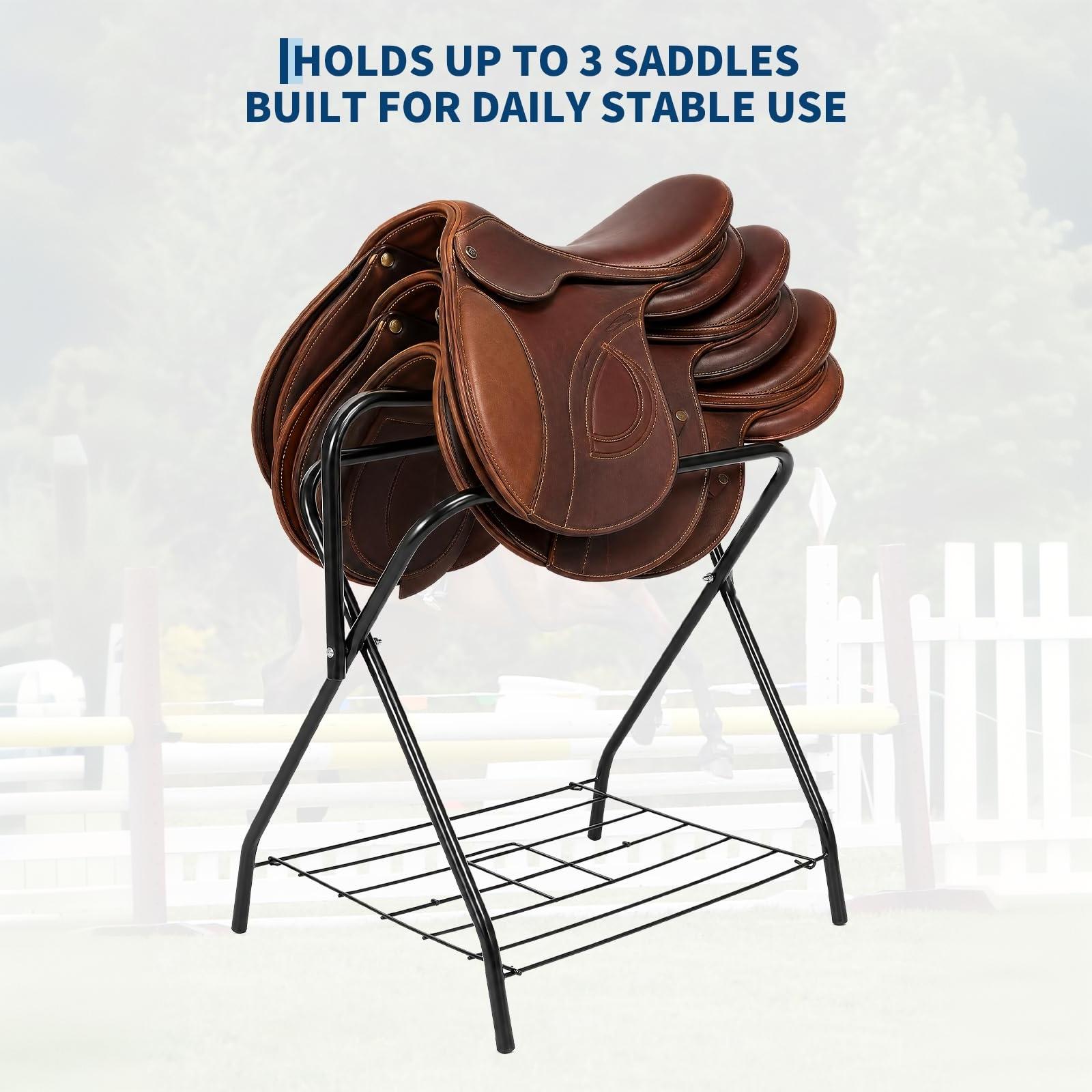 Garvee Heavy Duty Collapsible Saddle Rack with Storage Shelf (2-Pack) - Freestanding Steel X-Frame Stand for English & Western Saddles, Horse Tack, and Blanket Organizer, Matte Black