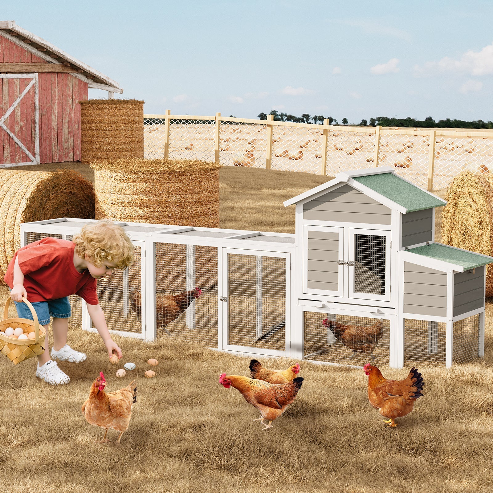 Garvee Spacious Outdoor Wooden Bird Cage – Large Chicken Coop with Run, Asphalt Roof, Nesting Box, Easy-Clean Sliding Tray – Perfect Aviary for 3-5 Chickens, Ducks, Rabbits – Sturdy 580 Chicken Cage, Green