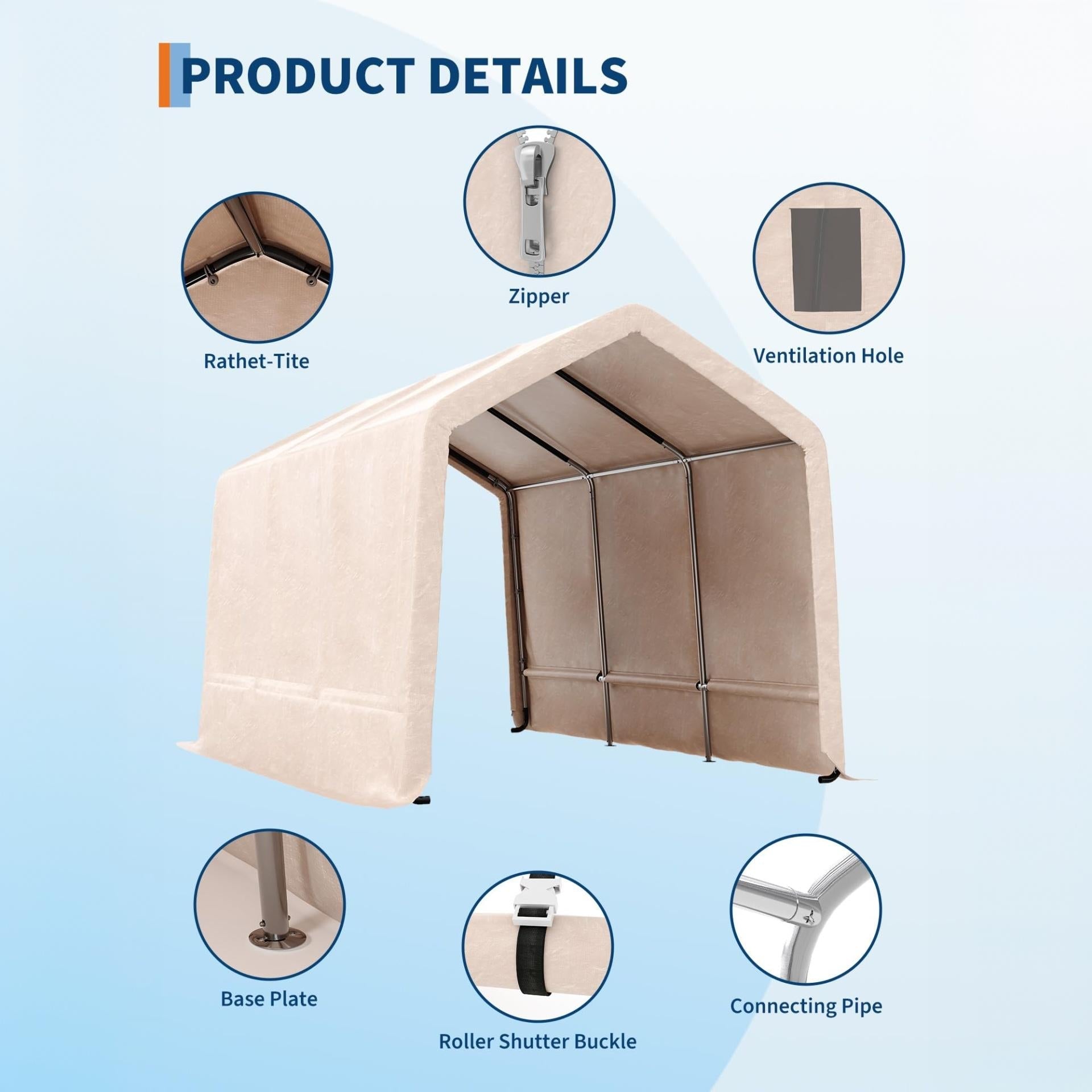 Garvee Portable Storage Shed for Motorcycles and Garden Tools, 10 × 15 FT with 240G Waterproof PE Tarp, Roll-Up Door and Vent, Khaki