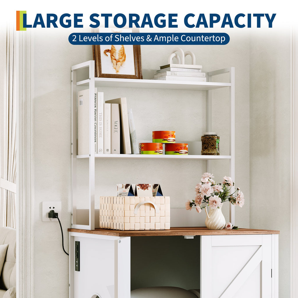 Garvee 70" Large Hidden Cat Litter Box Furniture, Cat Robot Enclosure Cabinet with Shelves, Built-in Power Outlet, Fits Auto Litter Boxes, Modern Self‑Cleaning Litterboxes Furniture White