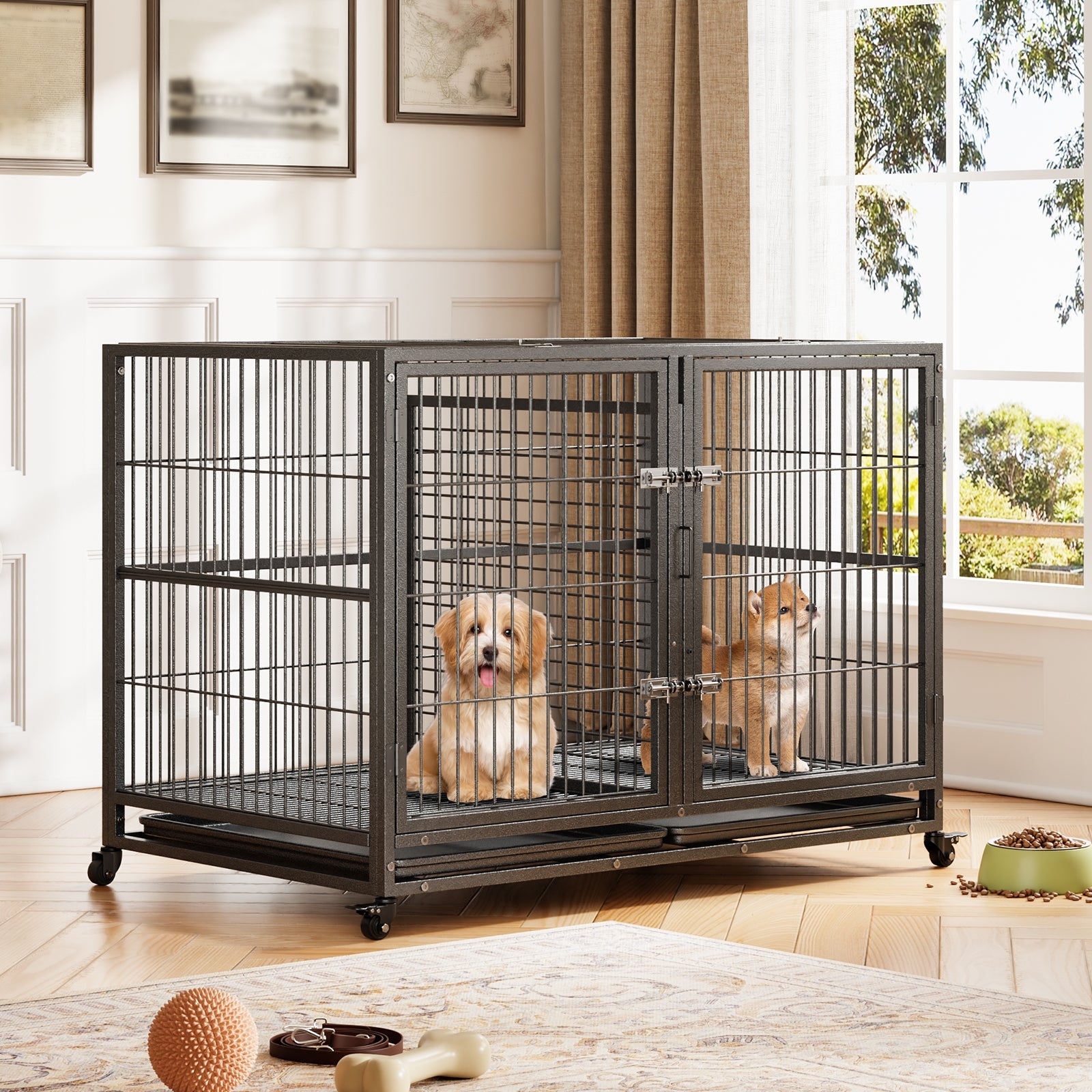 Garvee Heavy Duty Dog Crate, 48 Inch Dog Crate with Double Door, 360° Lockable Wheels and Removable Tray, Easy to Assembly, Indoor Outdoor Dog Cage for Small Medium Large Dogs