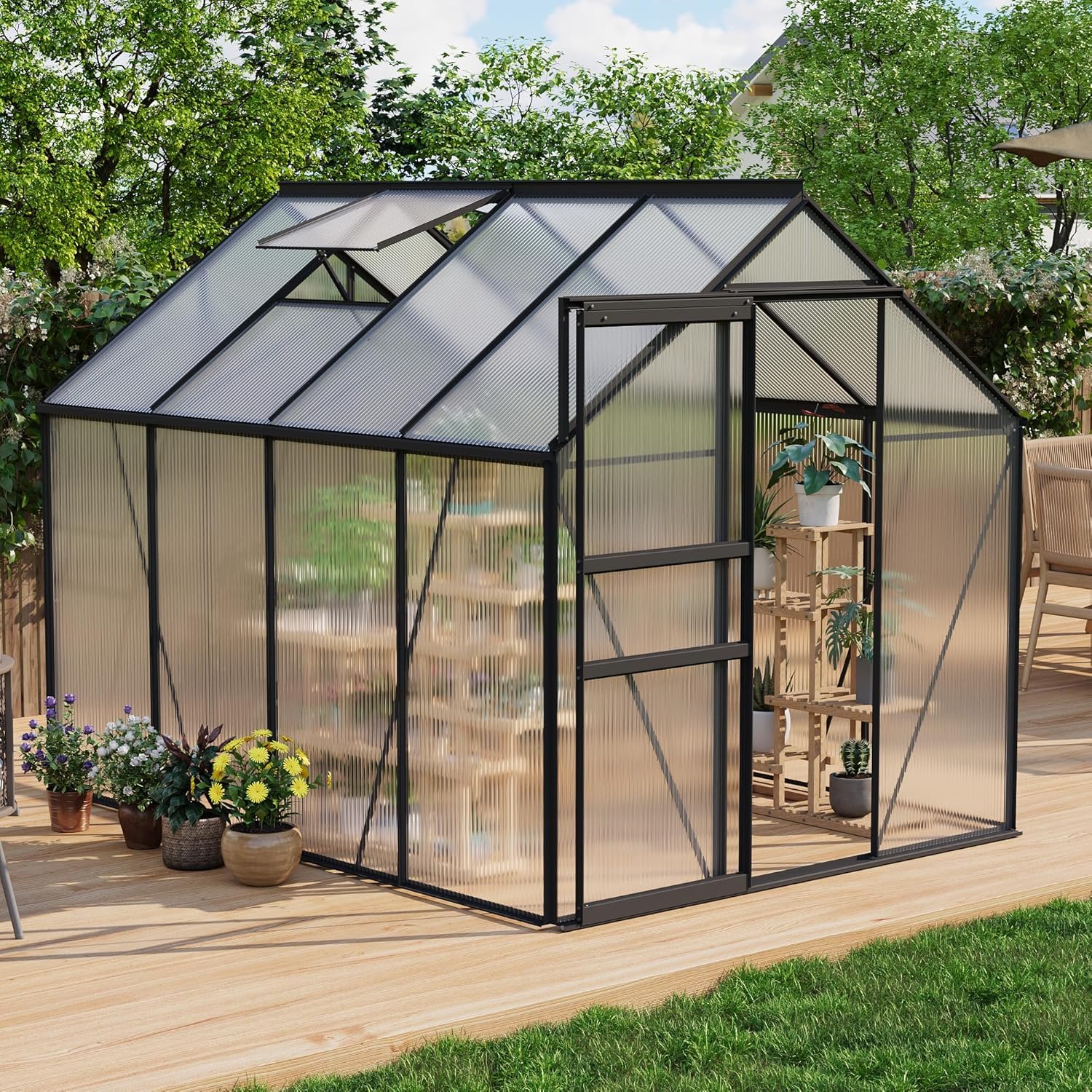 Garvee Large Polycarbonate Greenhouse for Outdoors - Durable Aluminum Frame, Sliding Lockable Door, Roof Vent, Ground Stakes - Ideal for Backyard, Patio, Lawn - 6x8 FT - Black Oxidation