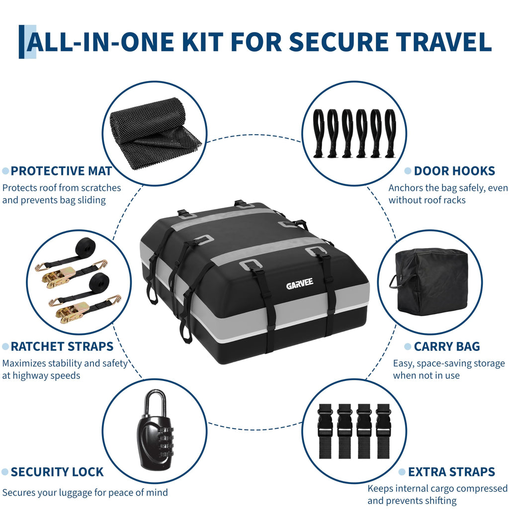 Garvee Waterproof Car Rooftop Cargo Carrier Bag 15 Cubic Feet – Secure Soft Shell Roof Luggage Storage for All Vehicles – Includes Combination Lock, 6 Door Hooks, 2 Ratchet Straps, Anti-Slip Mat – Size 112x86x43cm – Color: 15CUFT, Mat: 120x89cm, Straps: