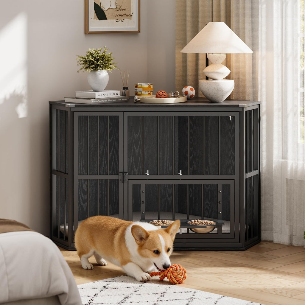 Garvee Space-Saving Corner Dog Crate Furniture – Wooden Indoor Kennel End Table with 360° Rotating Door, Stainless Steel Feeding Bowls, Decorative Design for Small Breeds, Black Relief + Black Iron Frame