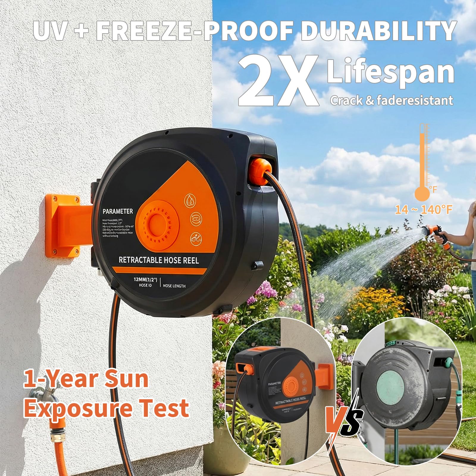 Garvee 1/2" × 65 FT Retractable Garden Hose Reel, Wall-Mounted with 10-Pattern Spray Nozzle, 180° Swivel Bracket, Slow Auto Rewind and Any-Length Lock