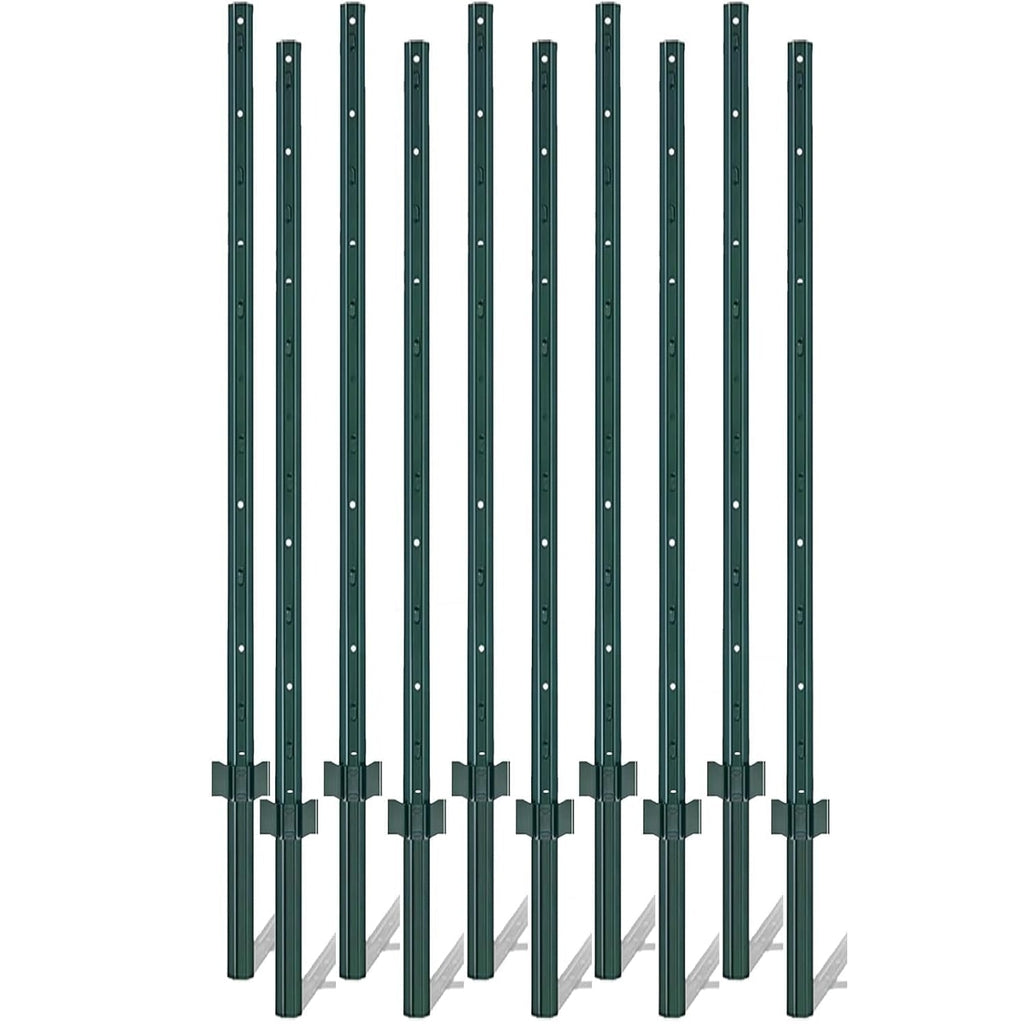 Garvee 7Ft U-Channel Metal Fence Posts, Heavy Duty Steel Garden Stakes with Anchor Plates for Outdoor Yard, Green, 10-Pack