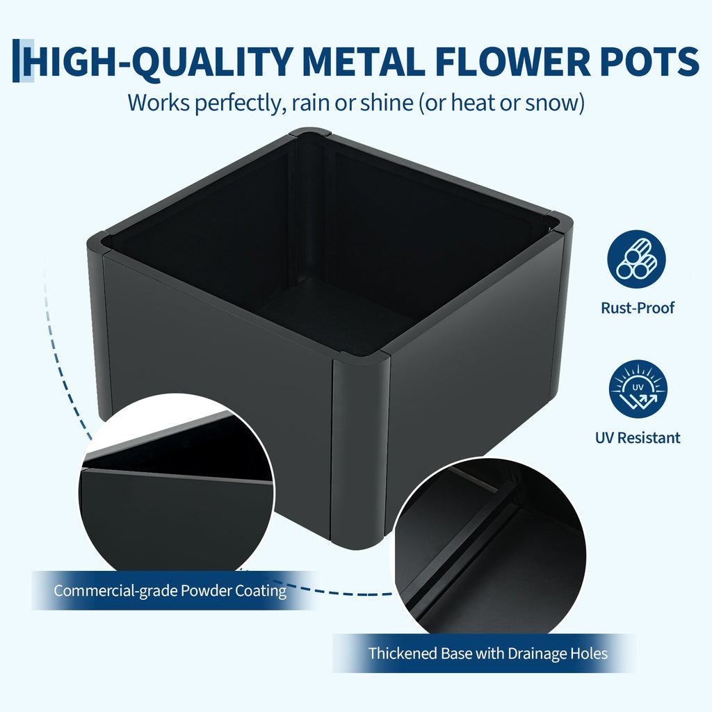 Garvee 20.5" × 20.5" × 11.8" Heavy Duty Square Steel Raised Garden Bed Planter Box – Modern Black, With Base & Drainage Holes, Tool-Complimentary Assembly, For Patio, Balcony, Commercial or Residential Use, With Bottom