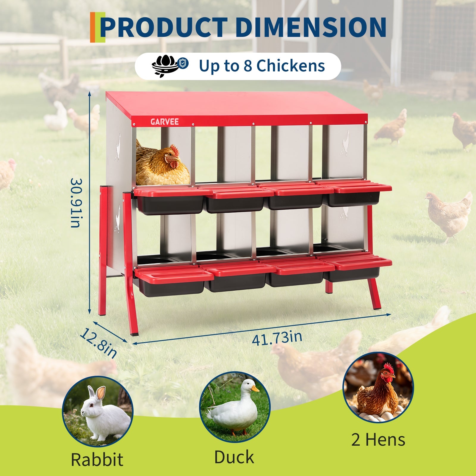 Garvee 8 Compartment Metal Chicken Nesting Box – Heavy Duty Galvanized Steel, Easy Clean Removable Tray, Soft Cushion, Ventilated, Bracket Legs for Outdoor Chicken Coop – Red with Chicken Design