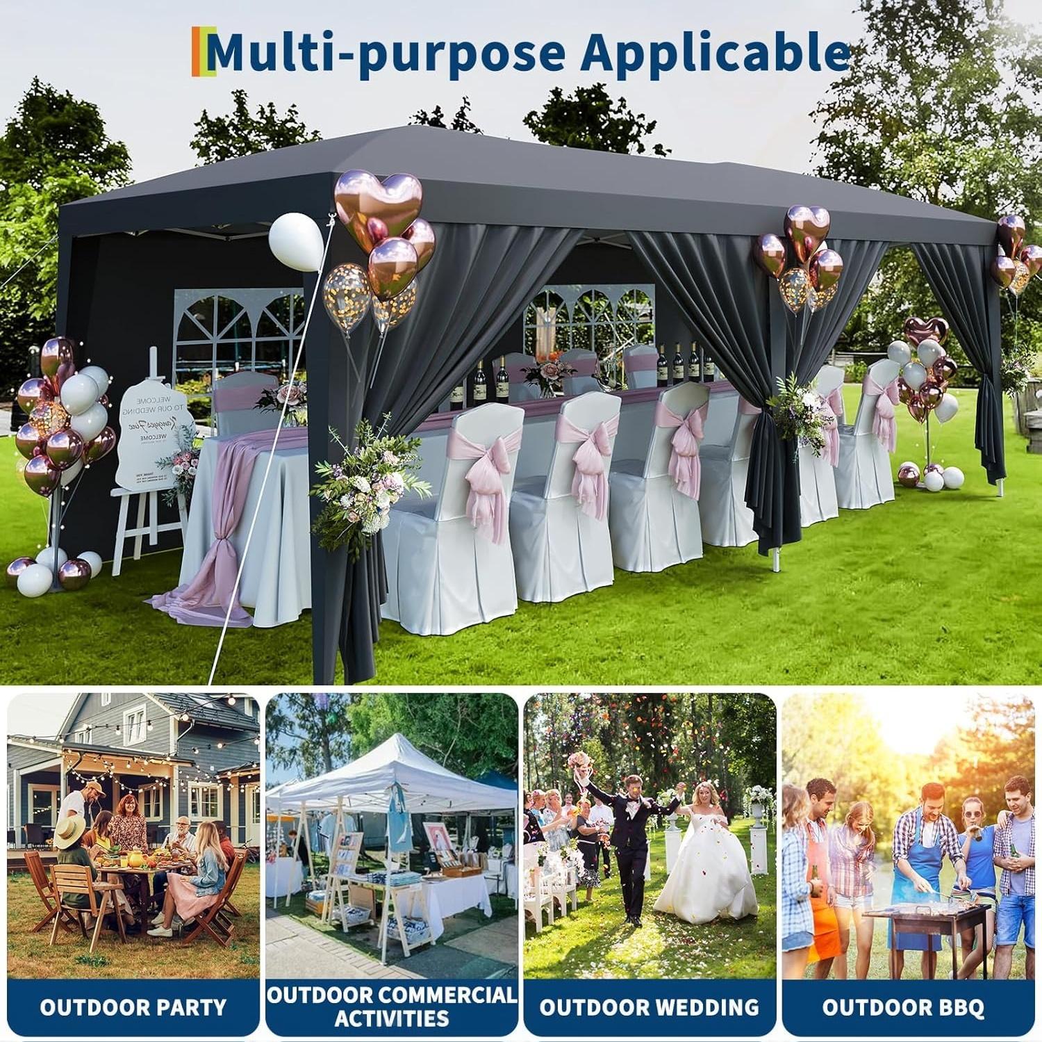 Garvee 10x20 ft Pop Up Canopy Tent, Heavy Duty Steel Frame Outdoor Shelter with 6 Removable Sidewalls, 3 Heights, UPF 50+ Waterproof 210D Oxford Cover, Dark Gray