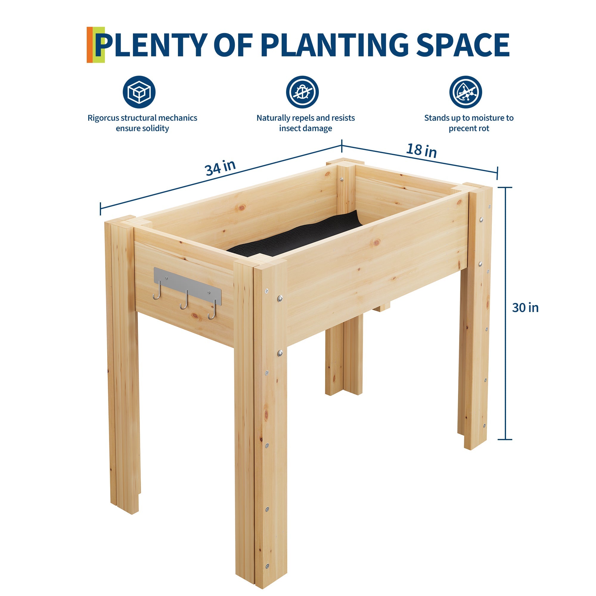 Garvee 34" x 18" x 30" Elevated Wooden Raised Garden Bed with Legs, Fir Wood Planter Box with Non-Woven Liner, Drainage Holes & Side Hooks, Ergonomic Outdoor Planter for Vegetables, Herbs, Flowers, Patio & Backyard, Varnish
