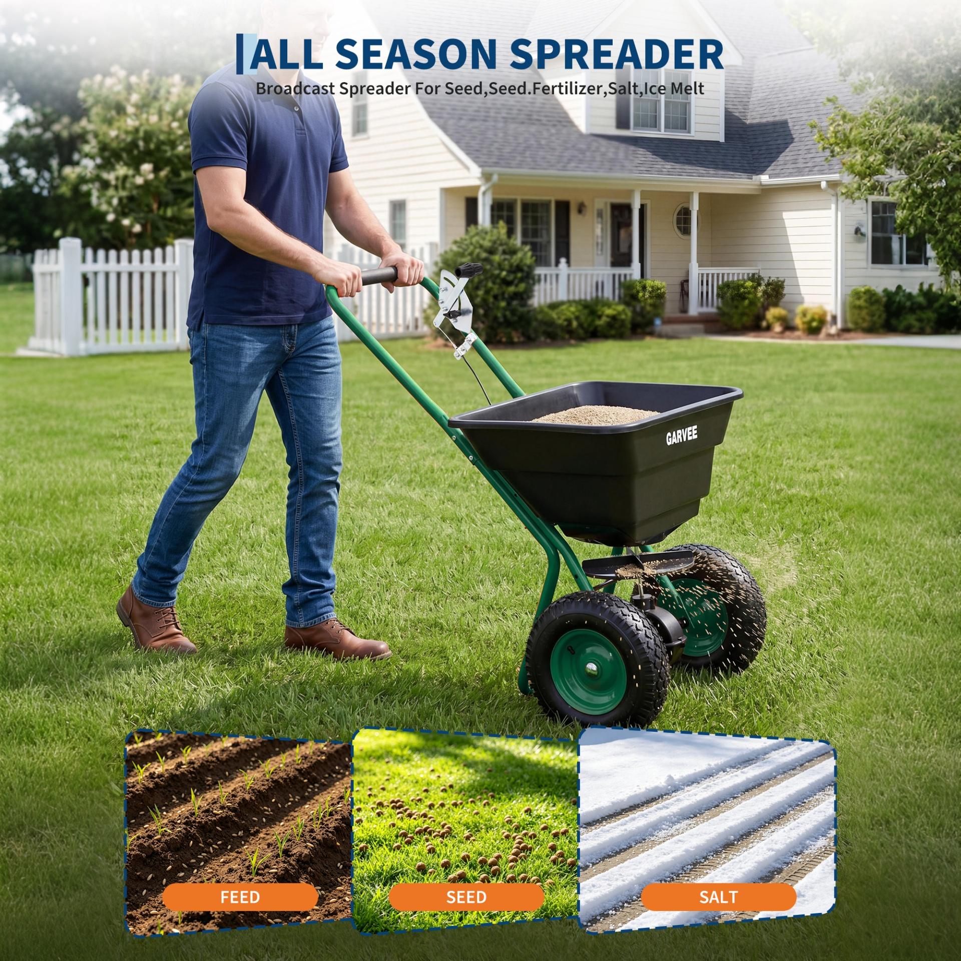 Garvee 80 lb Push Broadcast Spreader with 12' Spread Width, Adjustable Drop Rate, 10" Pneumatic Tires, Rain Cover & Gloves for Seed, Fertilizer, Salt and Ice Melt, Black & Dark Green