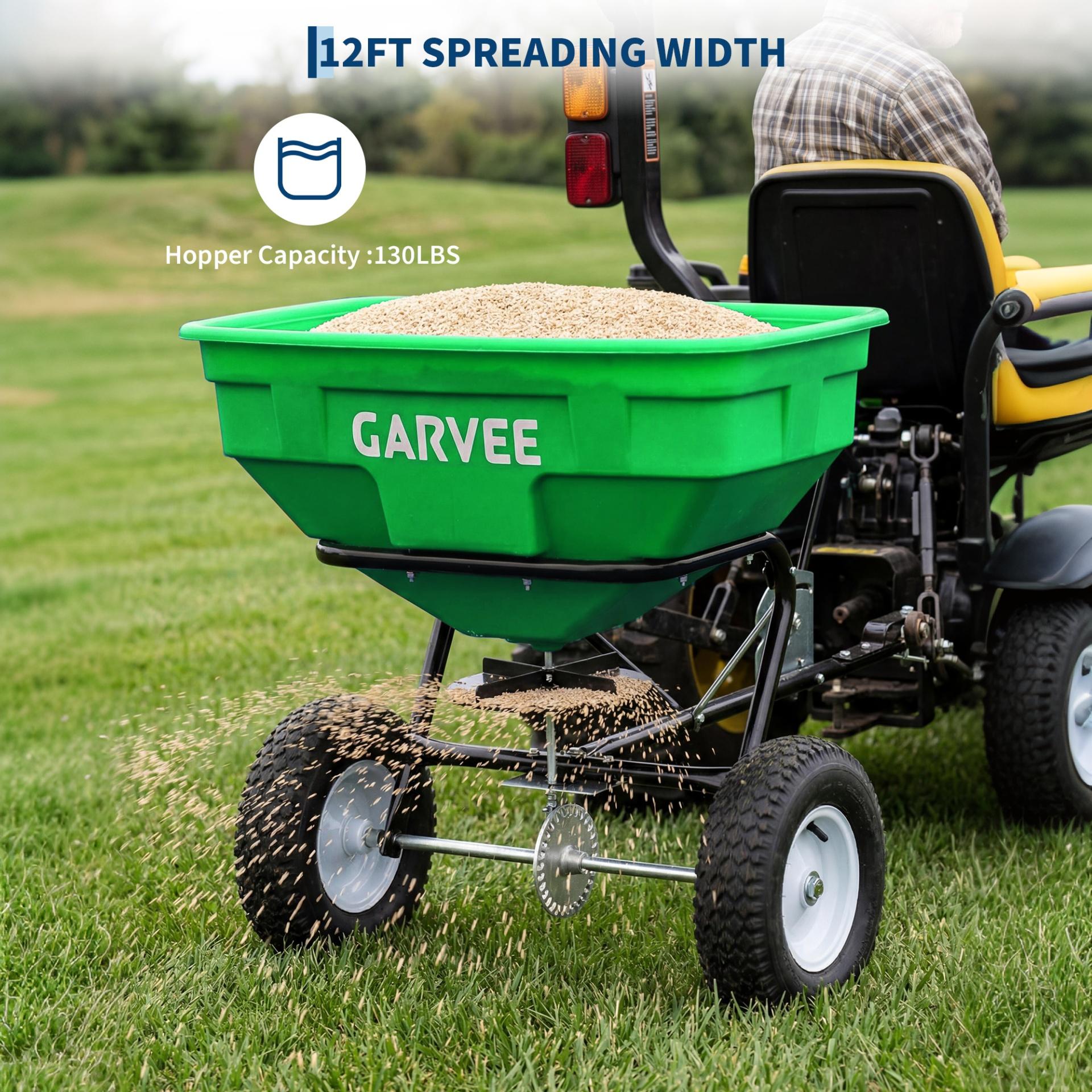 Garvee 130 lb Tow-Behind Broadcast Spreader, Heavy-Duty Lawn & Garden Spreader with 0–12 ft Coverage, Universal Hitch, 13" Pneumatic Tires & 20-Level Flow Control for ATV, UTV & Riding Mower, Green