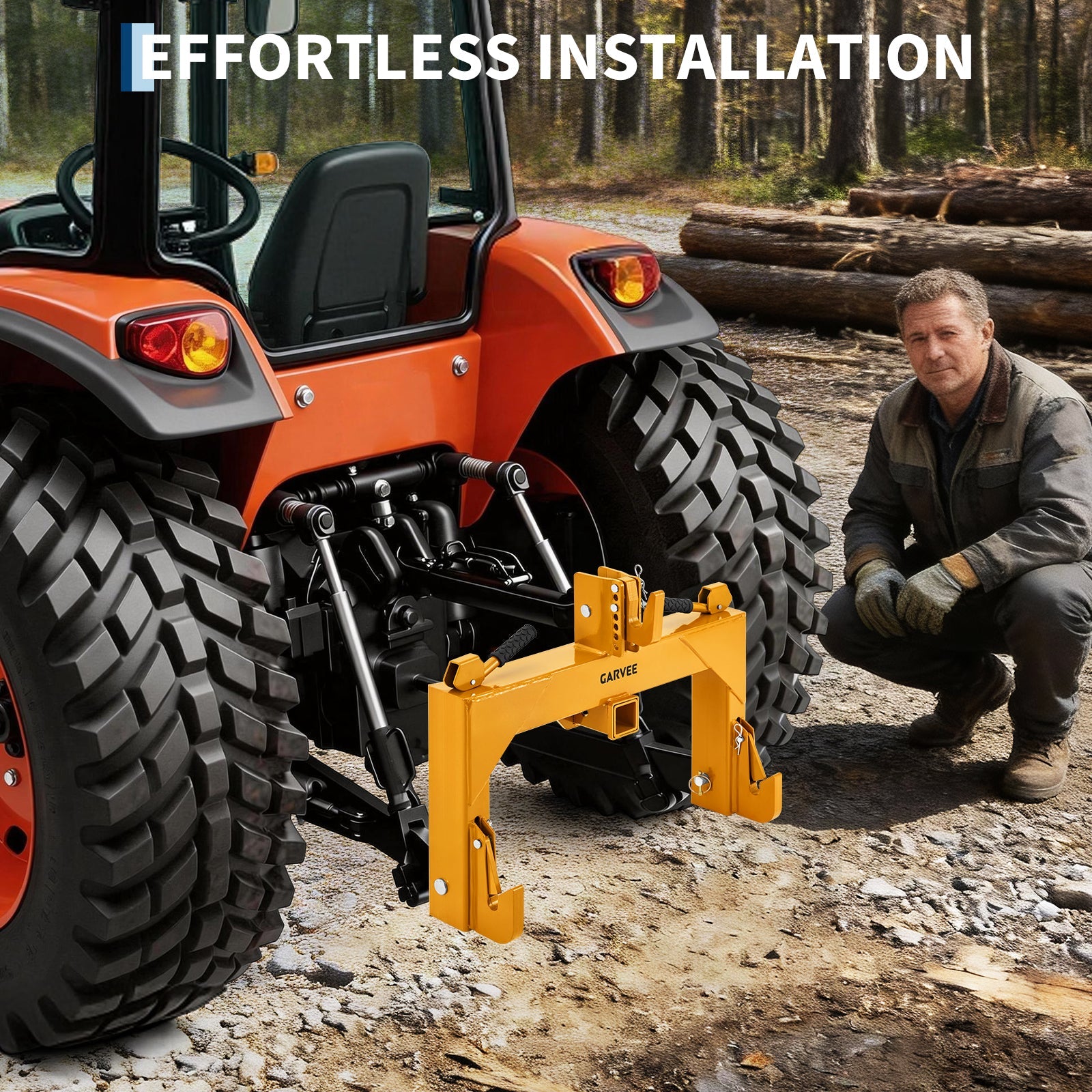 Garvee Heavy-Duty Category 1 3-Point Quick Hitch for Tractor, 3000 lbs Lift Capacity with Built-In 2" Receiver, 5-Level Adjustable Top Hook Tractor Attachment, No Bushing Required, Yellow Powder Coated (24" x 24")