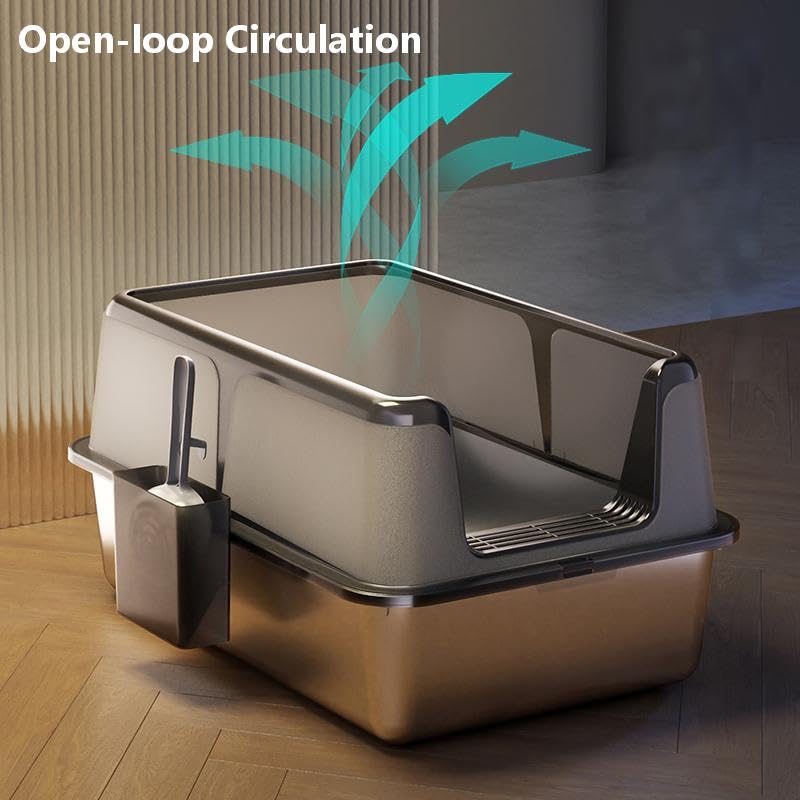 Garvee Non-Stick Stainless Steel Litter Box, Side Opening Splash-Proof & Leak-Proof Large Metal Cat Litter Box with Lid & Scoop, Easy-Clean & Durable, 8" Deep Gray