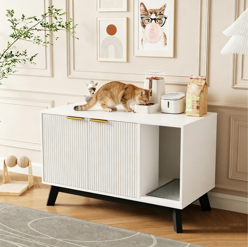 Garvee Cat Litter Box Enclosure Hidden Litter Box Furniture with Scratch Pad Cat House Wooden Cat Washroom Cabinet 2-in-1 for Living Room, Hallway, White