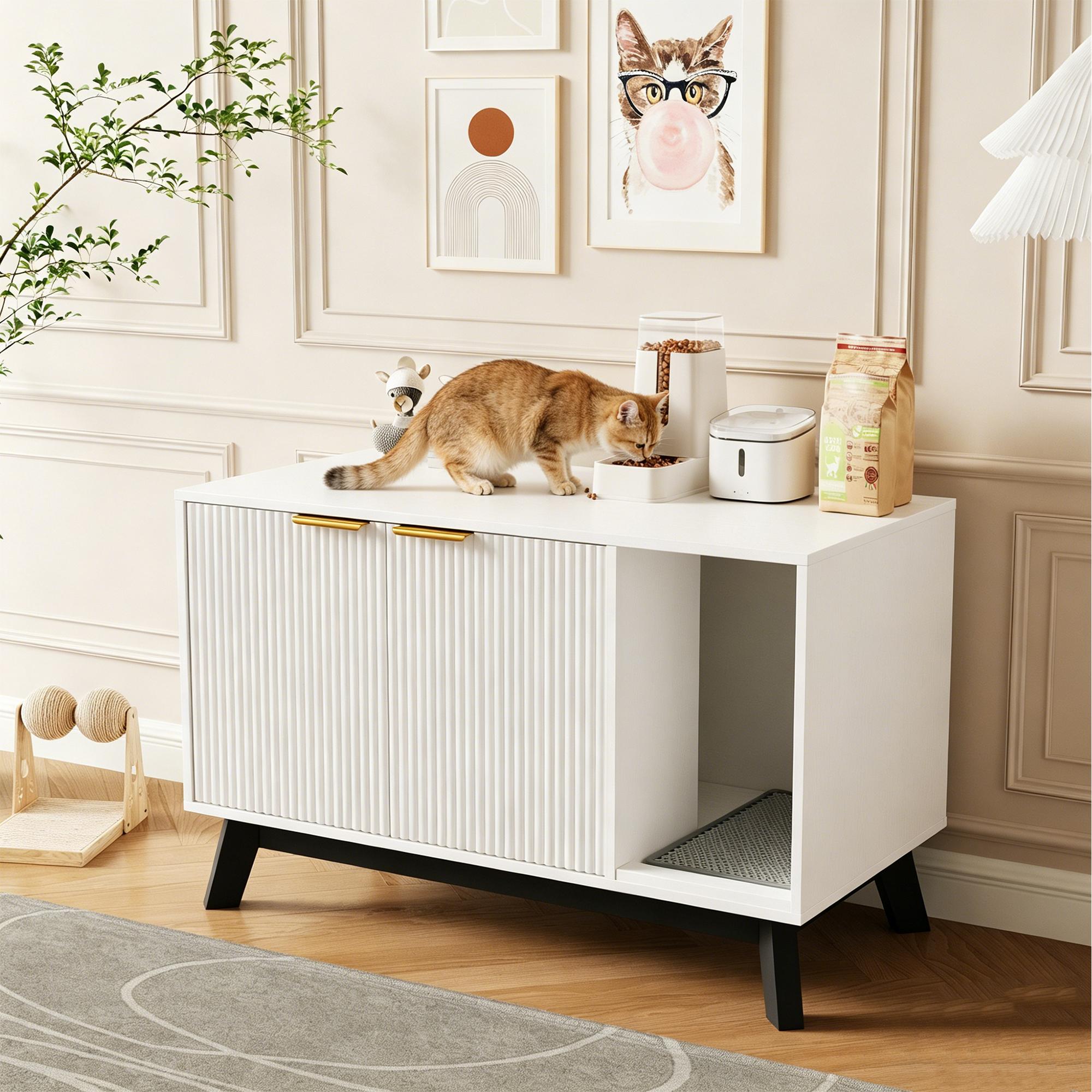 Garvee Cat Litter Box Enclosure Hidden Litter Box Furniture with Scratch Pad Cat House Wooden Cat Washroom Cabinet 2-in-1 for Living Room, Hallway, White