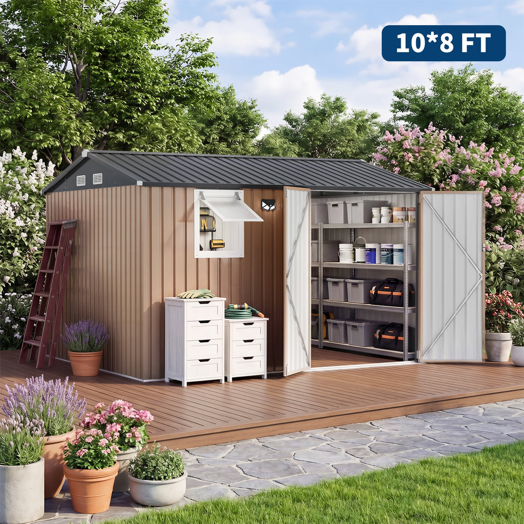Garvee 10x8FT Brown Metal Outdoor Storage Shed with Pushable Window, LED Light & Pegboard, Lockable Double Doors, Sloping Roof, Ventilation, Corrosion-Resistant Steel Garden Tool Shed for Patio, Backyard & Garage