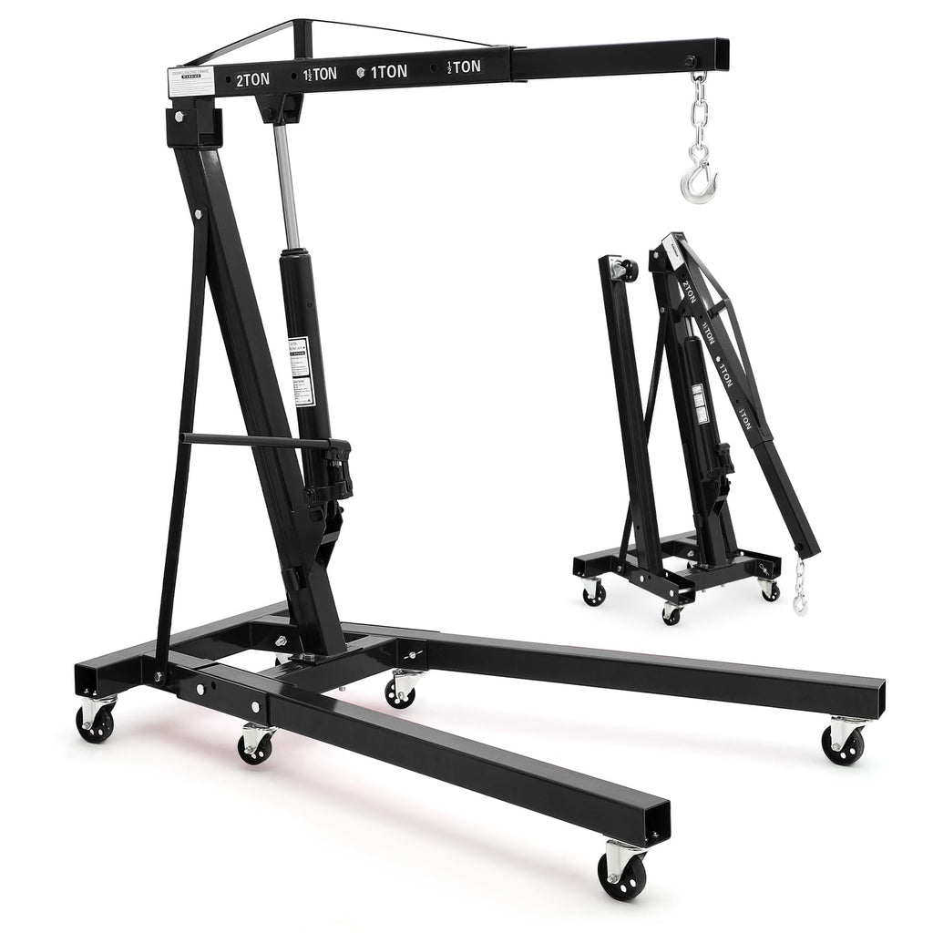Garvee Heavy Duty 2 Ton Folding Hydraulic Engine Hoist - 4400 lbs Capacity Shop Crane - Telescoping Boom, 6 Caster Wheels, Ideal for Automotive Repair, Garage & Workshop - Black without Stabilizer, 2T