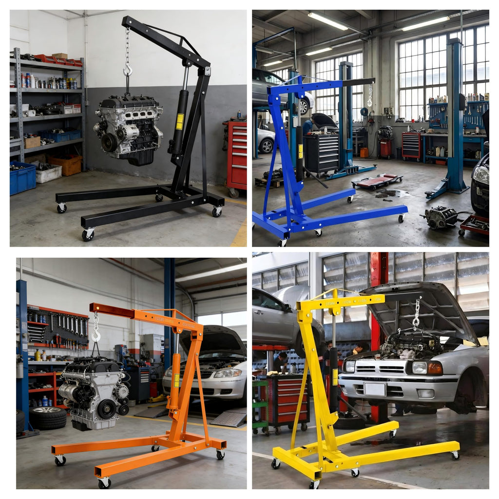 Garvee 2-Ton Engine Hoist - 4400 lbs Folding Hydraulic Cherry Picker, Heavy-Duty Shop Crane with 6 Caster Wheels and 4 Adjustable Boom Positions for Warehouse, Garage, and Workshop, Black