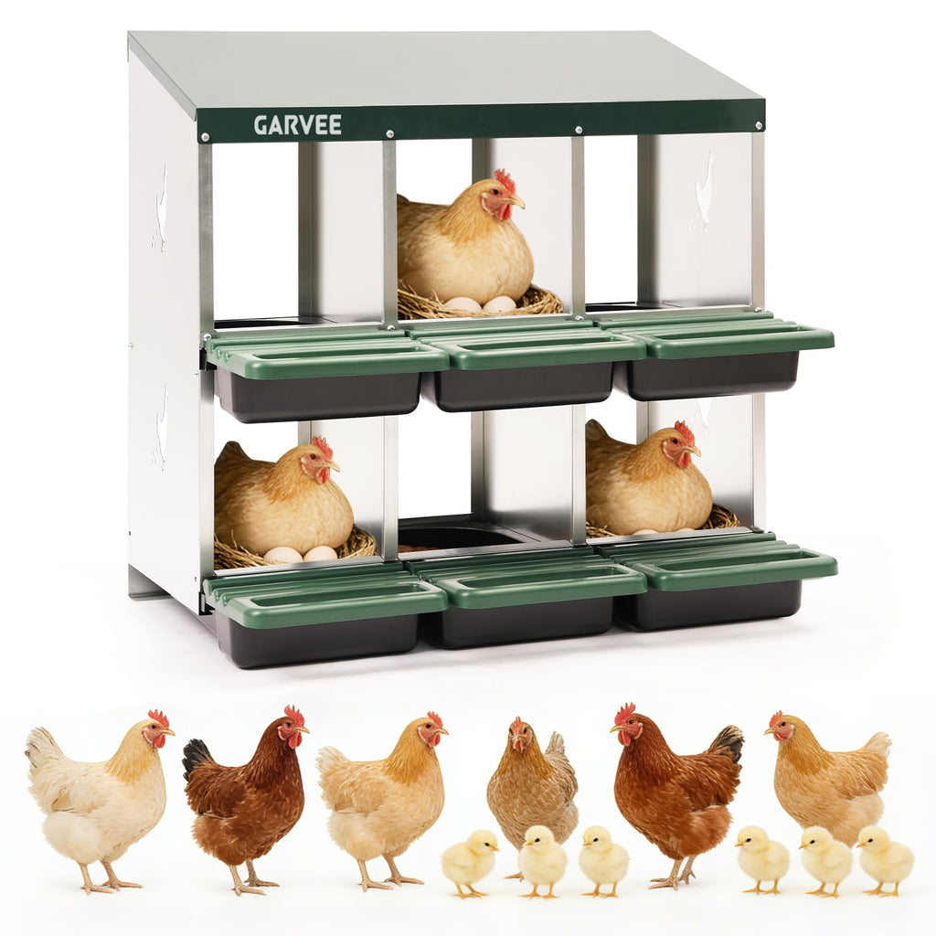 Garvee 6-Compartment Metal Chicken Nesting Box, Roll Away Poultry Laying Box with Sloped Anti-Perch Roof, 31.3"x12.8"x30.9", Green