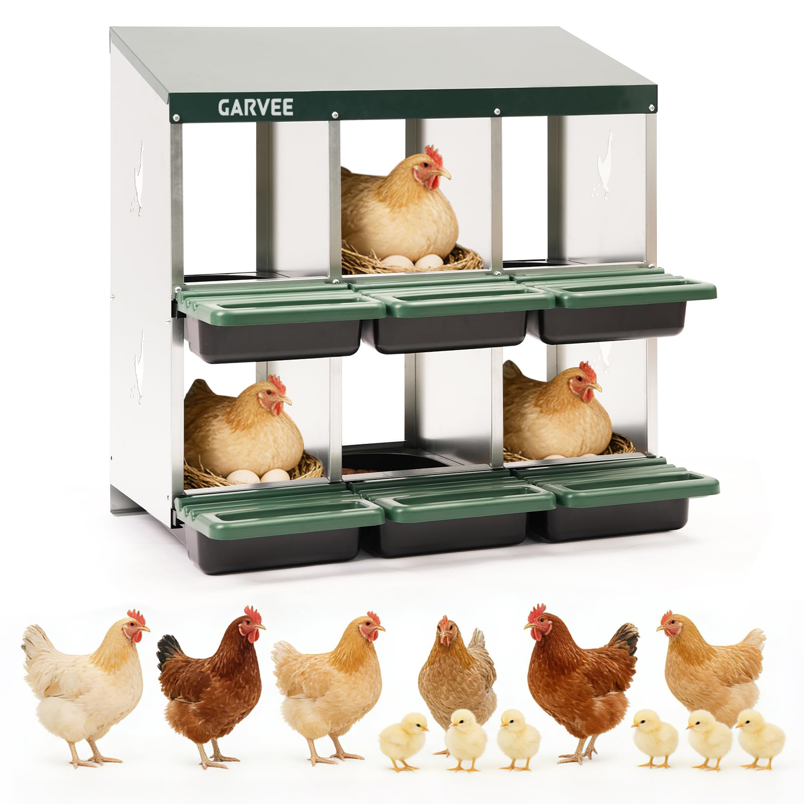 Garvee 6-Compartment Metal Chicken Nesting Box, Roll Away Poultry Laying Box with Sloped Anti-Perch Roof, 31.3"x12.8"x30.9", Green