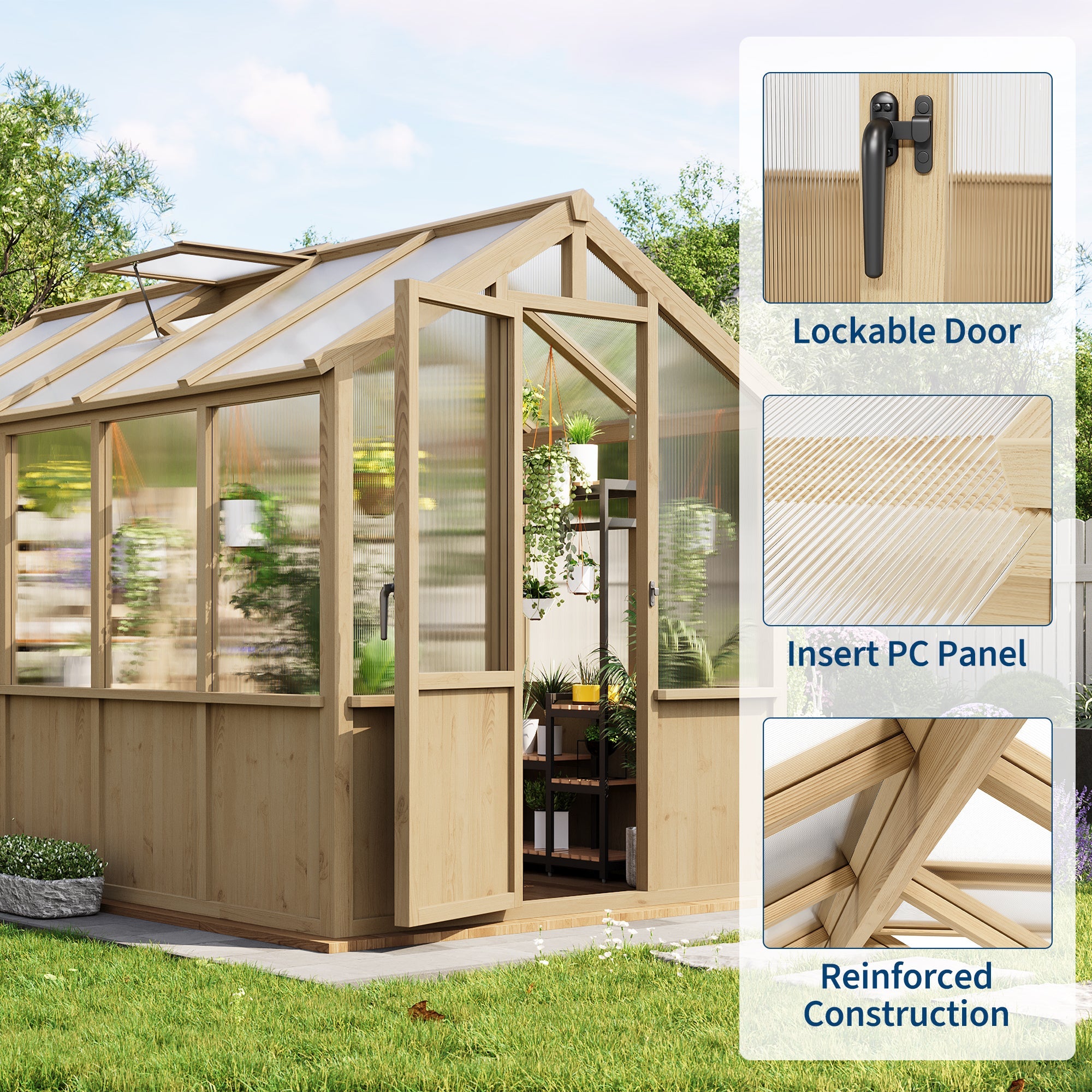 Garvee Walk-In Wooden Greenhouse for Outdoors – Heavy Duty Spruce Frame, PC Panels, Adjustable Roof Vent, Lockable Door – Garden Outdoor Storage for Backyard, Patio, Lawn – 6x10 Natural Wood Color