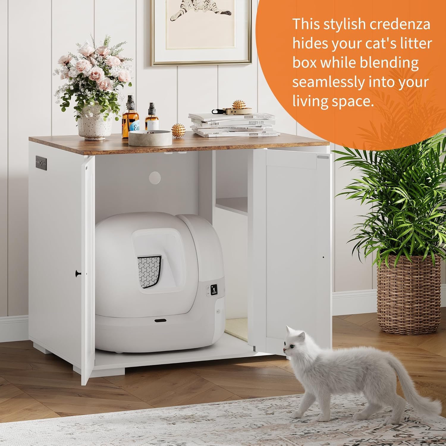 Garvee Large Dog-Proof Cat Litter Box Enclosure Cabinet with Self-Cleaning, Adjustable Shelf, Wood Material, Power Outlet, Mark Pad, Indoor Cat Furniture