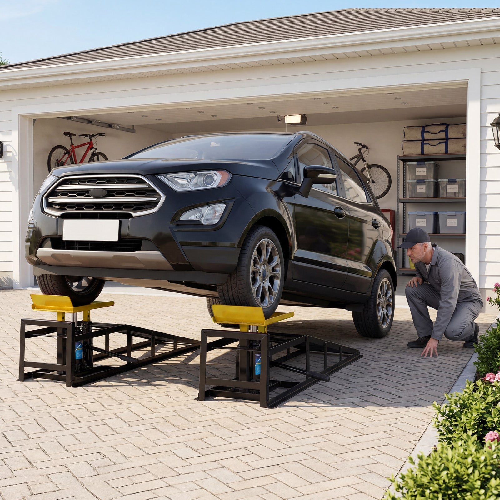 Garvee Heavy Duty Hydraulic Car Ramps 2-Pack – 11,000 lbs Capacity – Adjustable Low Profile Lift 11.6"-16.2" – Steel Construction – Non-Slip Surface – For Oil Changes, Brakes, Garage Repair – Black Shelf + Yellow Tablet