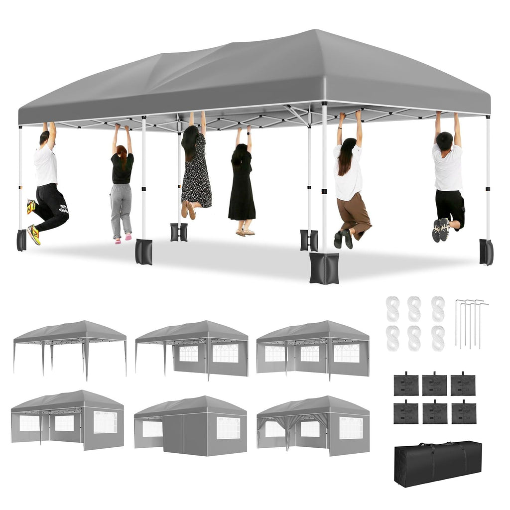 Garvee Gray 10' x 20' Pop Up Canopy Tent, Heavy Duty Waterproof Event Shelter with 6 Sidewalls, UPF 50+ Oxford Fabric, Adjustable Height & Wheeled Bag